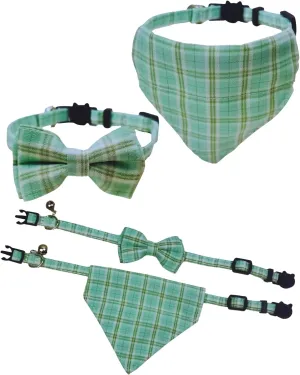 2 Pack Breakaway Cat Collars, Girl Boy Pet Kitten Collar with Bell, Removable Bow & Bandana, Plaid Pattern, and Safety Buckle (Adjustable 7.9"- 11", Green)