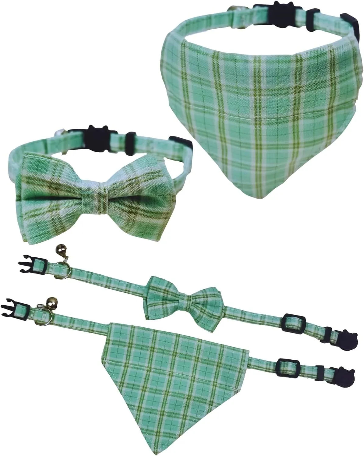2 Pack Breakaway Cat Collars, Girl Boy Pet Kitten Collar with Bell, Removable Bow & Bandana, Plaid Pattern, and Safety Buckle (Adjustable 7.9"- 11", Green)