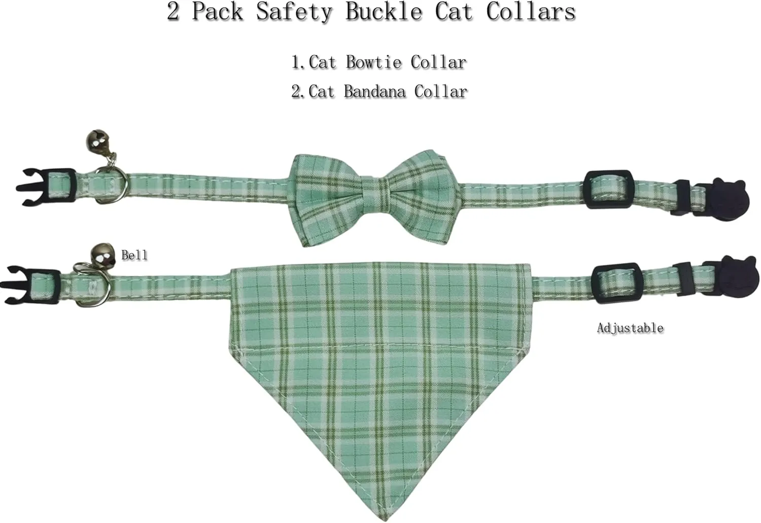2 Pack Breakaway Cat Collars, Girl Boy Pet Kitten Collar with Bell, Removable Bow & Bandana, Plaid Pattern, and Safety Buckle (Adjustable 7.9"- 11", Green)