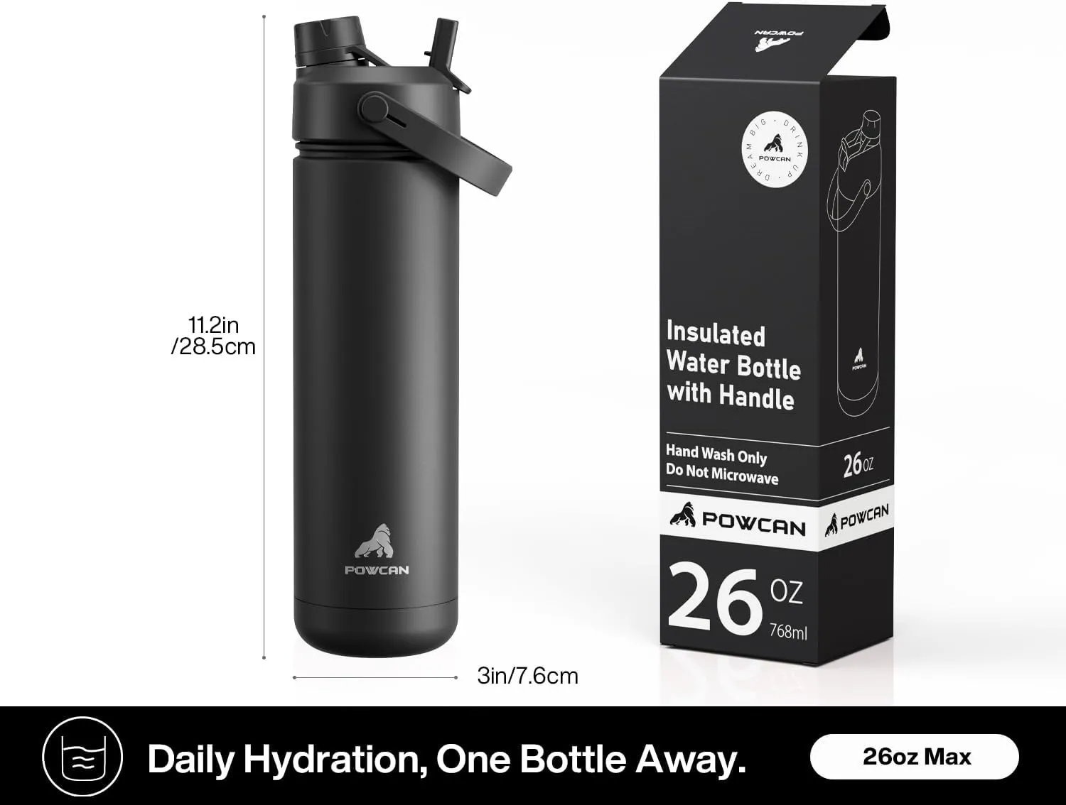 26 oz Insulated Water Bottle with 2-in-1 Straw and Spout Lid, Keep Cold 24H, Leak-Proof, Fits in Car Cup Holder, Stainless Steel Water Bottle for Sports, Travel, and School (Dark Knight)