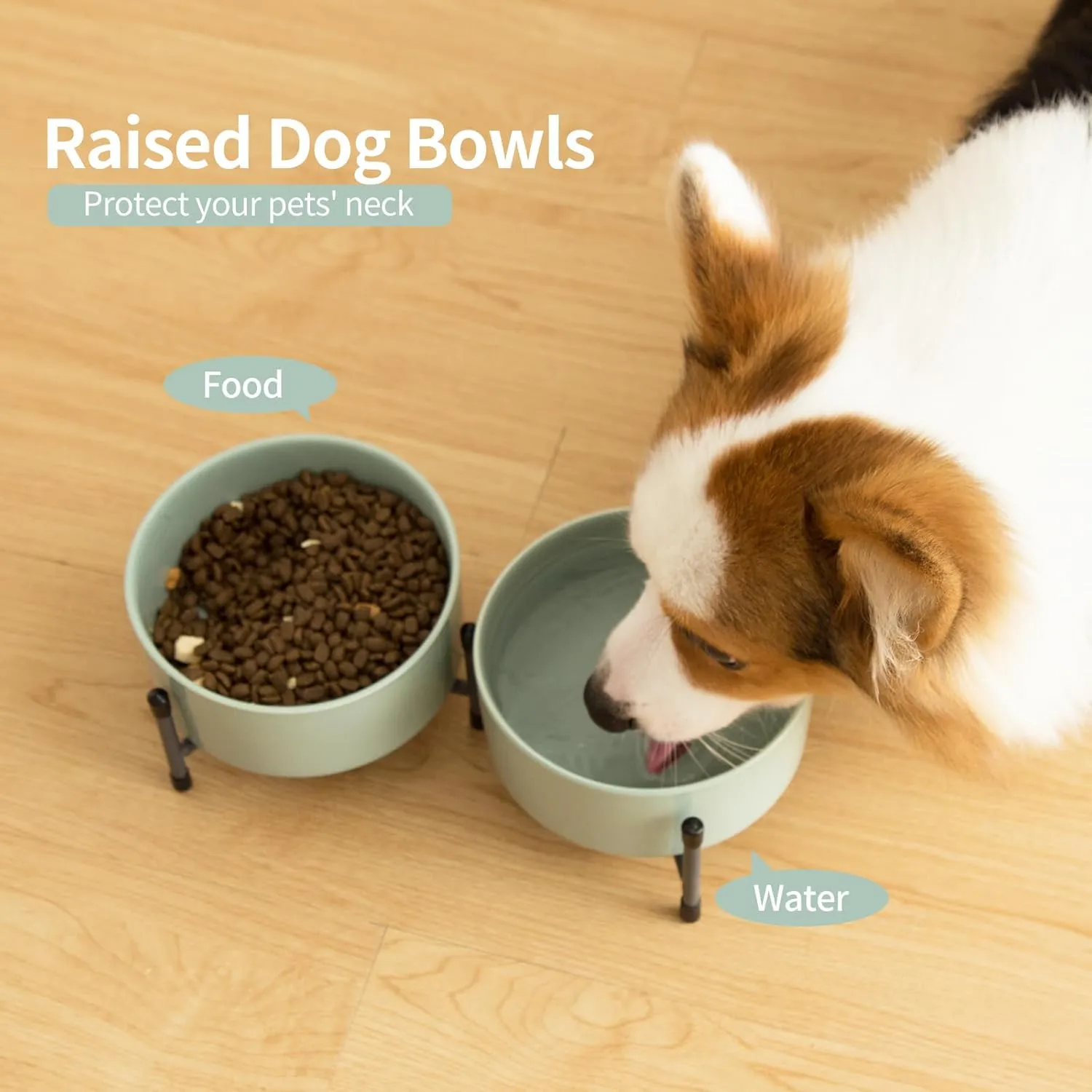 6 Inch Elevated Dog Bowl with Adjustable Metal Stand, 32 OZ Raised Ceramic Dog Bowls Set for Food and Water Bowl, Double Pet Feeding Dishes for Small and Medium Breed Dogs, Light Green, Set of 2