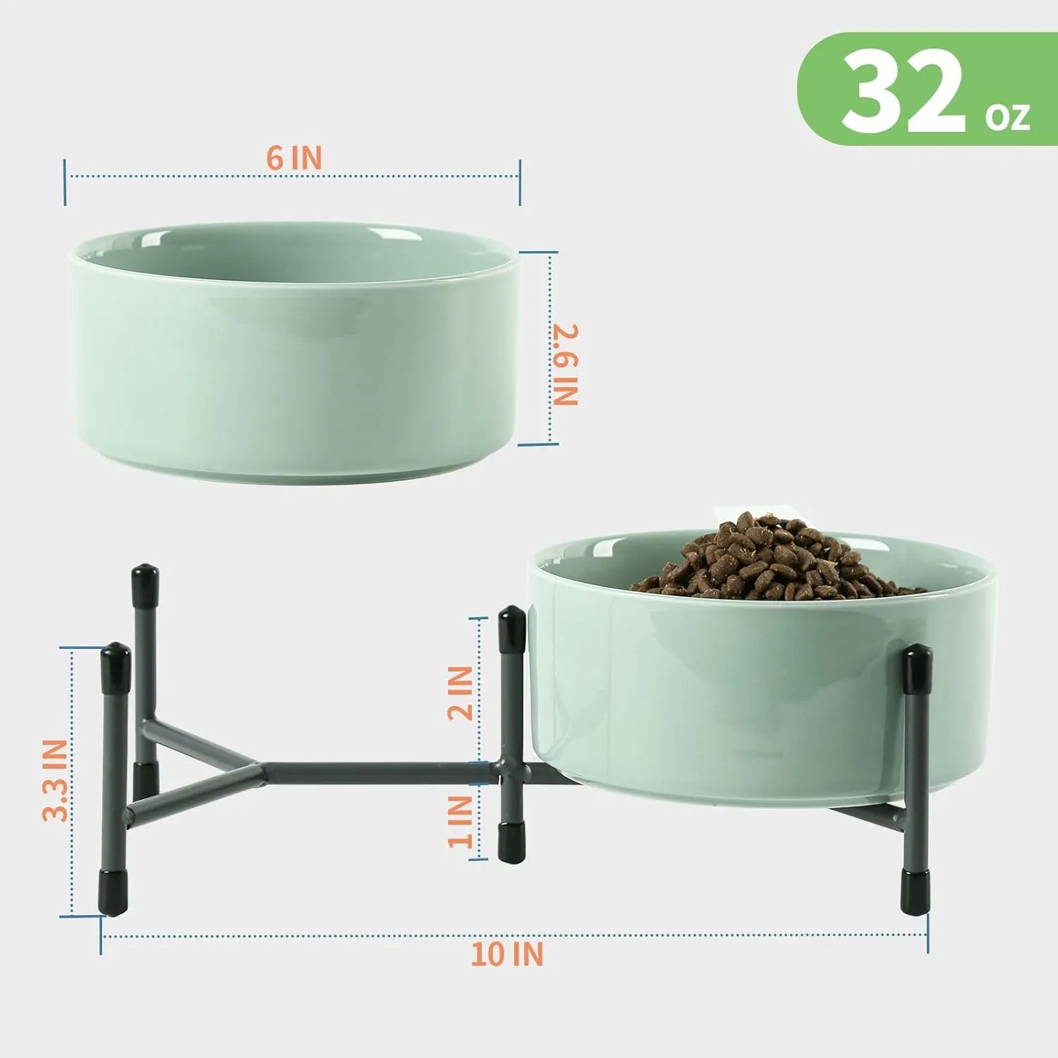 6 Inch Elevated Dog Bowl with Adjustable Metal Stand, 32 OZ Raised Ceramic Dog Bowls Set for Food and Water Bowl, Double Pet Feeding Dishes for Small and Medium Breed Dogs, Light Green, Set of 2
