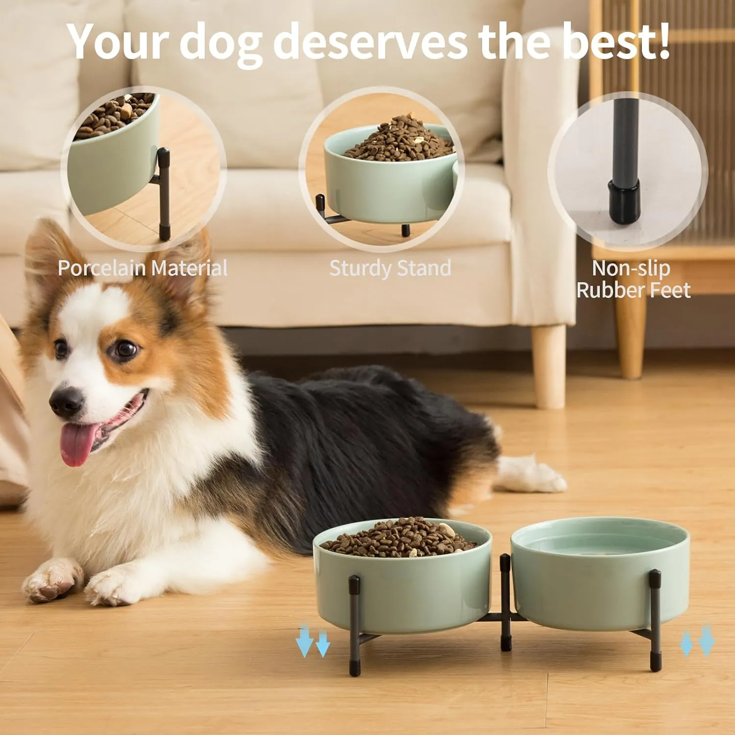 6 Inch Elevated Dog Bowl with Adjustable Metal Stand, 32 OZ Raised Ceramic Dog Bowls Set for Food and Water Bowl, Double Pet Feeding Dishes for Small and Medium Breed Dogs, Light Green, Set of 2