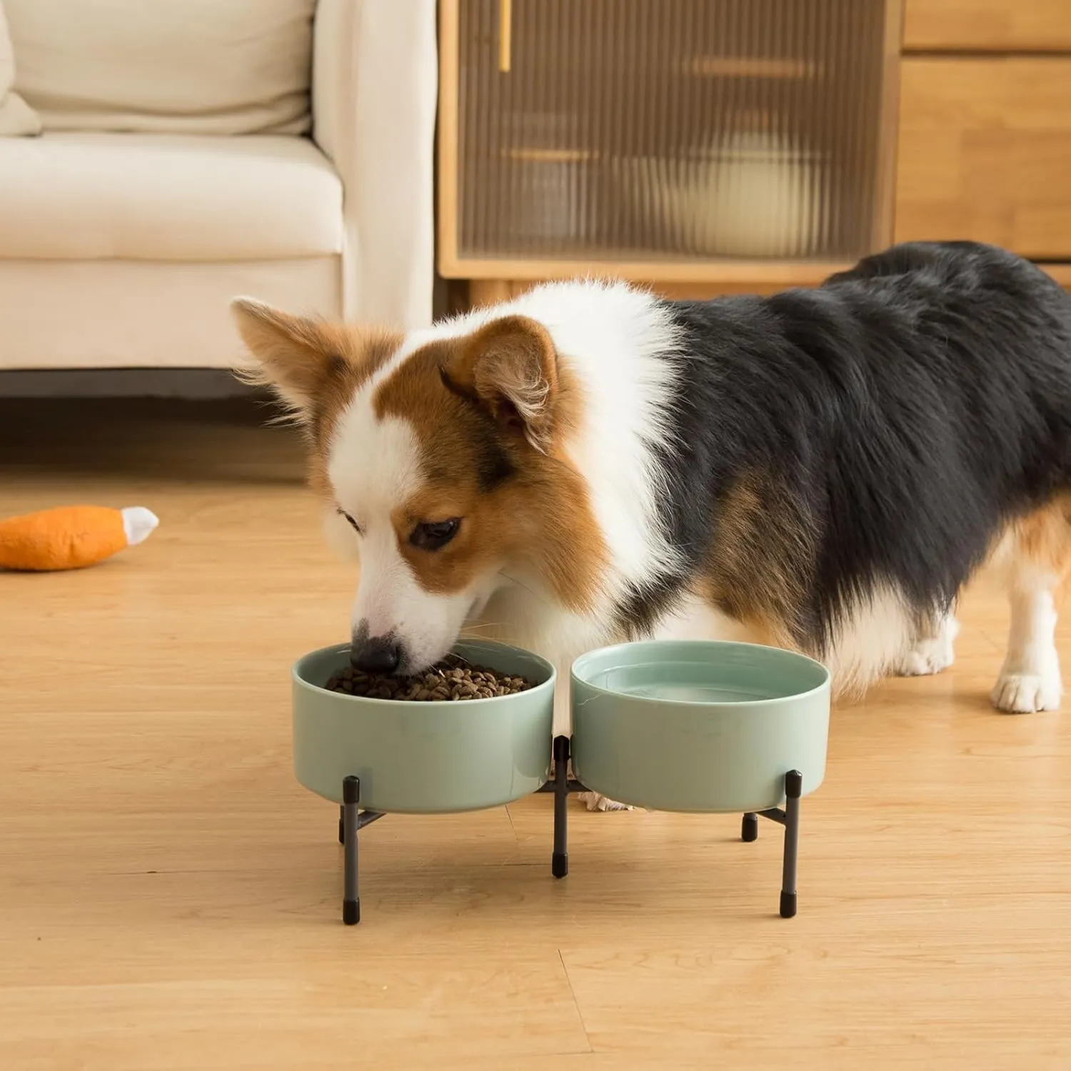 6 Inch Elevated Dog Bowl with Adjustable Metal Stand, 32 OZ Raised Ceramic Dog Bowls Set for Food and Water Bowl, Double Pet Feeding Dishes for Small and Medium Breed Dogs, Light Green, Set of 2