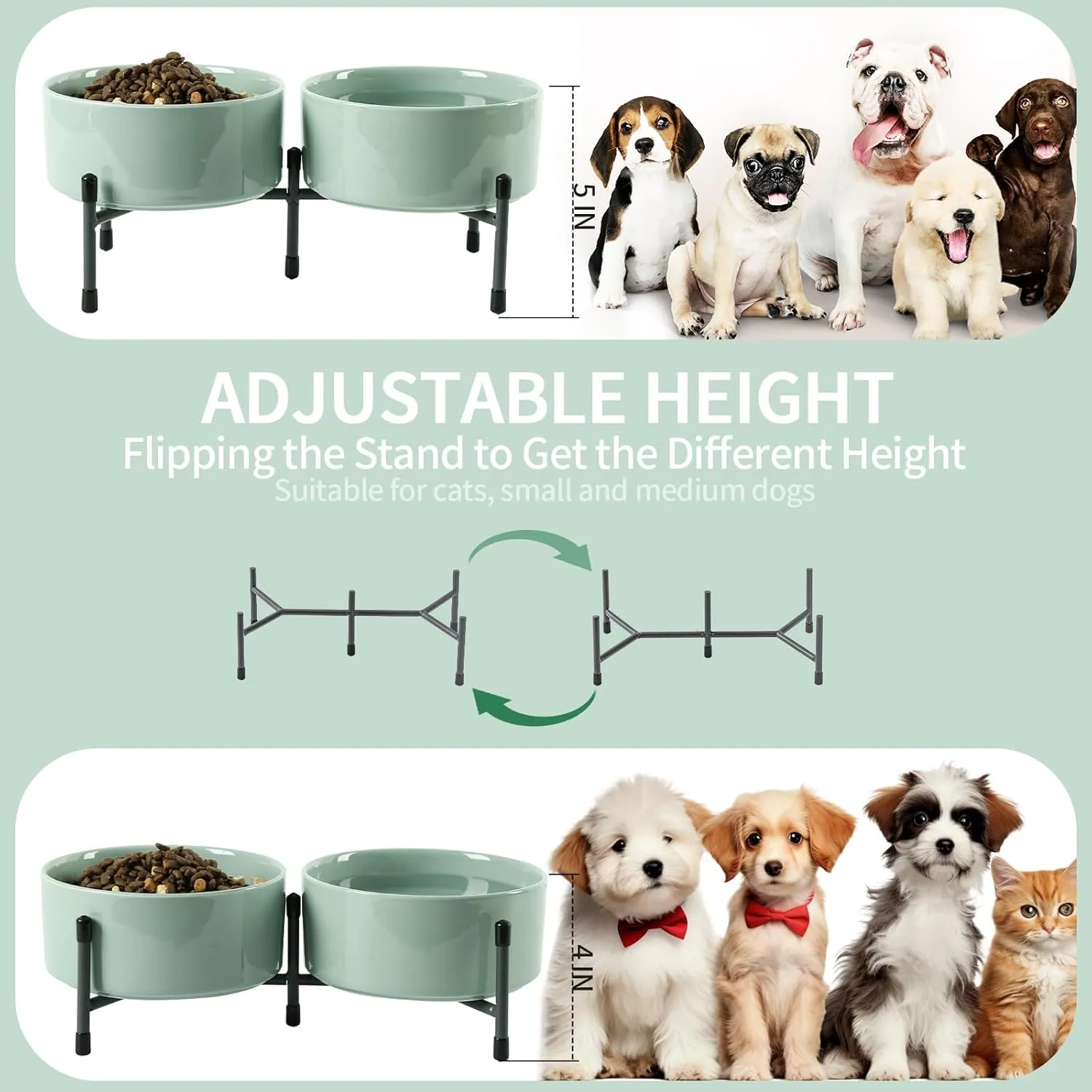 6 Inch Elevated Dog Bowl with Adjustable Metal Stand, 32 OZ Raised Ceramic Dog Bowls Set for Food and Water Bowl, Double Pet Feeding Dishes for Small and Medium Breed Dogs, Light Green, Set of 2