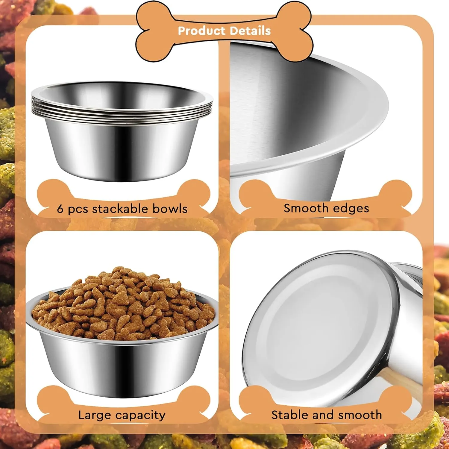 ACEONE 6 Pack Stainless Steel Dog Bowls, Metal Pet Food Water Bowls for Small Medium Dog, 6.9inch