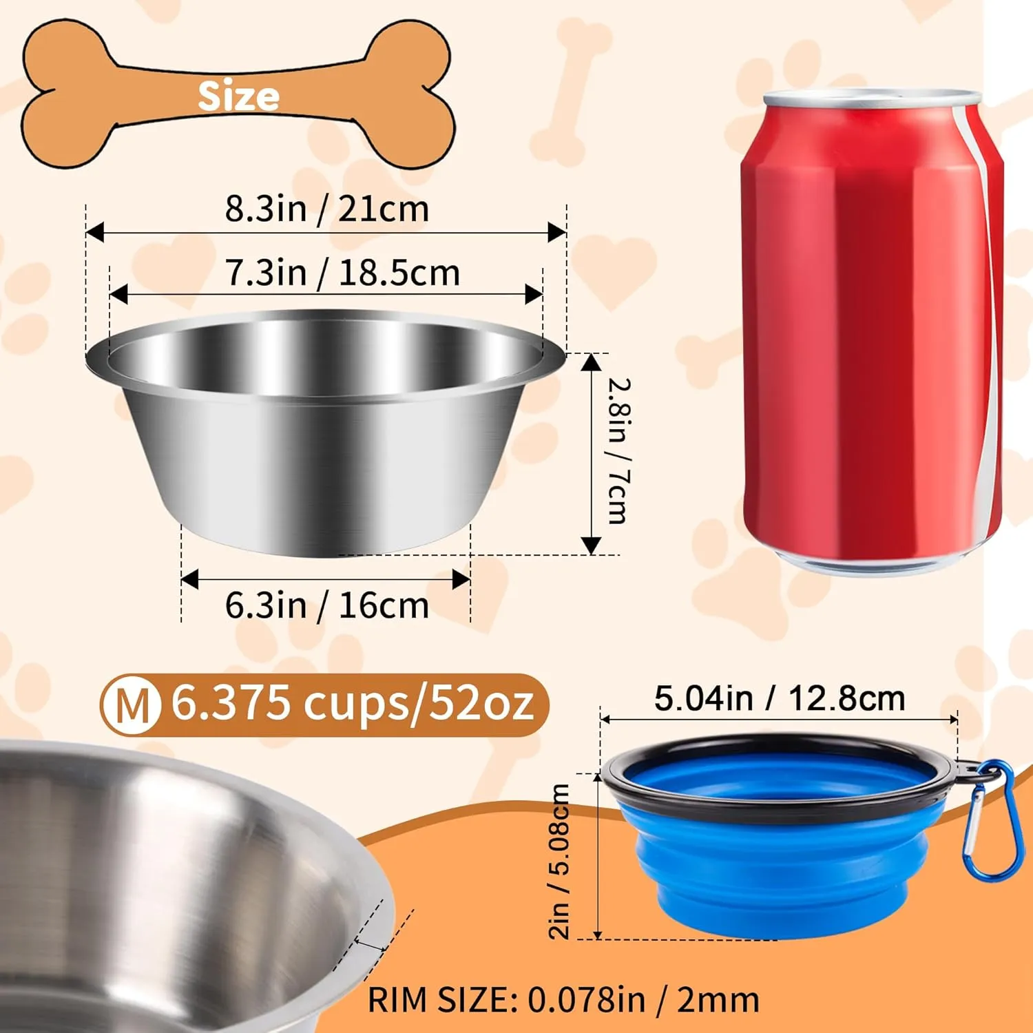 ACEONE 6 Pack Stainless Steel Dog Bowls, Metal Pet Food Water Bowls for Small Medium Dog, 8.3inch