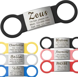 Anavia Slide On Silent Pet ID Tags, S/M/L/XL Personalized Multi-Color Silicone Band Cat Dog Name Tags, Customized Engraved Stainless Steel, Chew-Proof Quiet Dog Collar Tags (Small, Black)