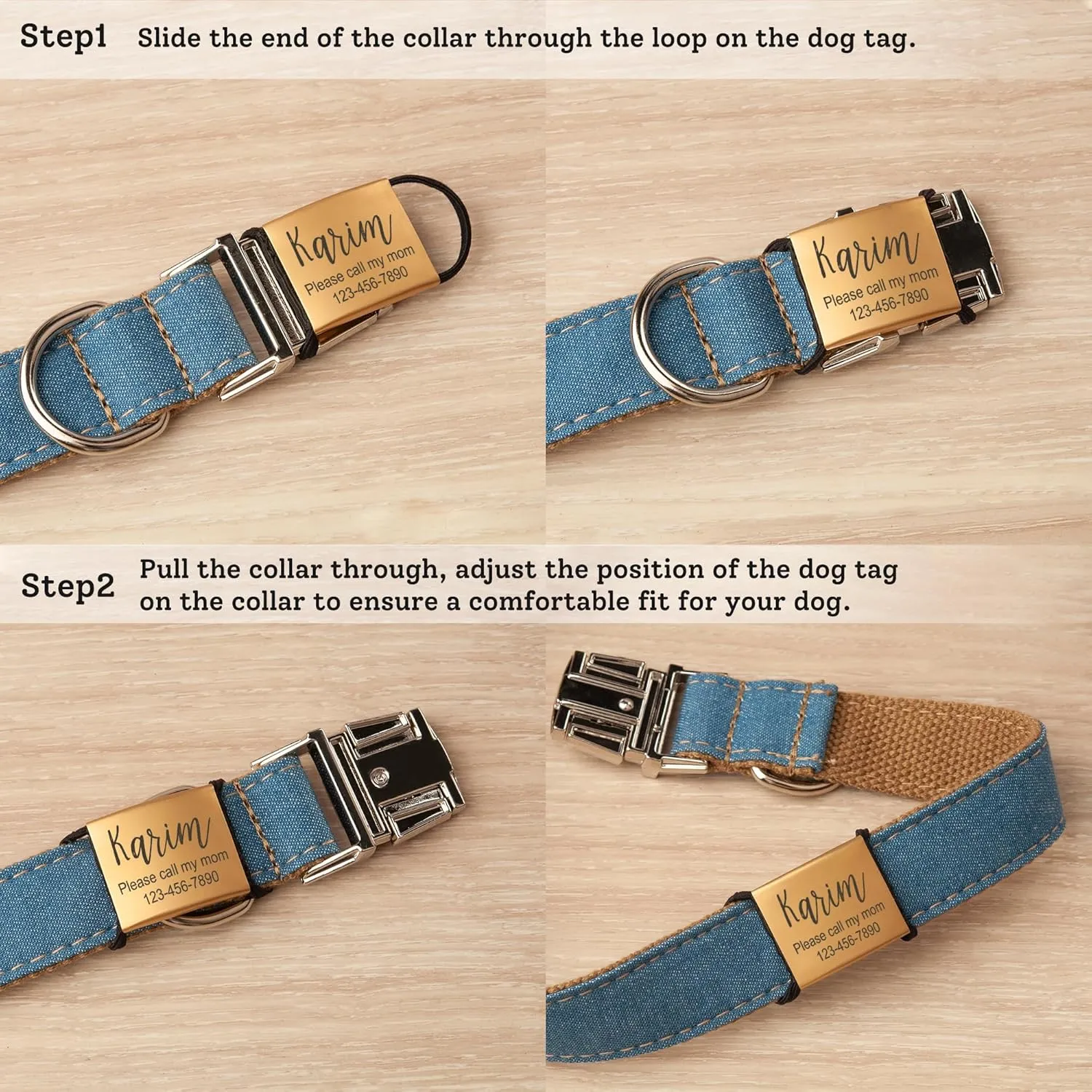 Anavia Slide On Silent Pet ID Tags, S/M/L/XL Personalized Stainless Steel Cat Dog Tag with Elastic Fabric Band, Engraved Nameplate Quiet Chew-Proof Pet Collar Tag (Rose Gold, S/M)