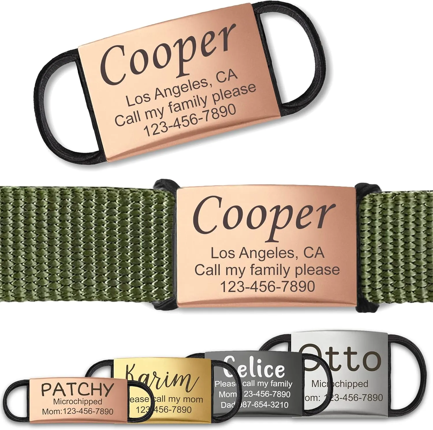Anavia Slide On Silent Pet ID Tags, S/M/L/XL Personalized Stainless Steel Cat Dog Tag with Elastic Fabric Band, Engraved Nameplate Quiet Chew-Proof Pet Collar Tag (Rose Gold, S/M)