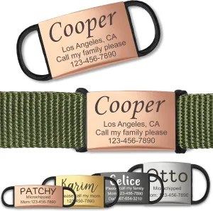 Anavia Slide On Silent Pet ID Tags, S/M/L/XL Personalized Stainless Steel Cat Dog Tag with Elastic Fabric Band, Engraved Nameplate Quiet Chew-Proof Pet Collar Tag (Rose Gold, S/M)