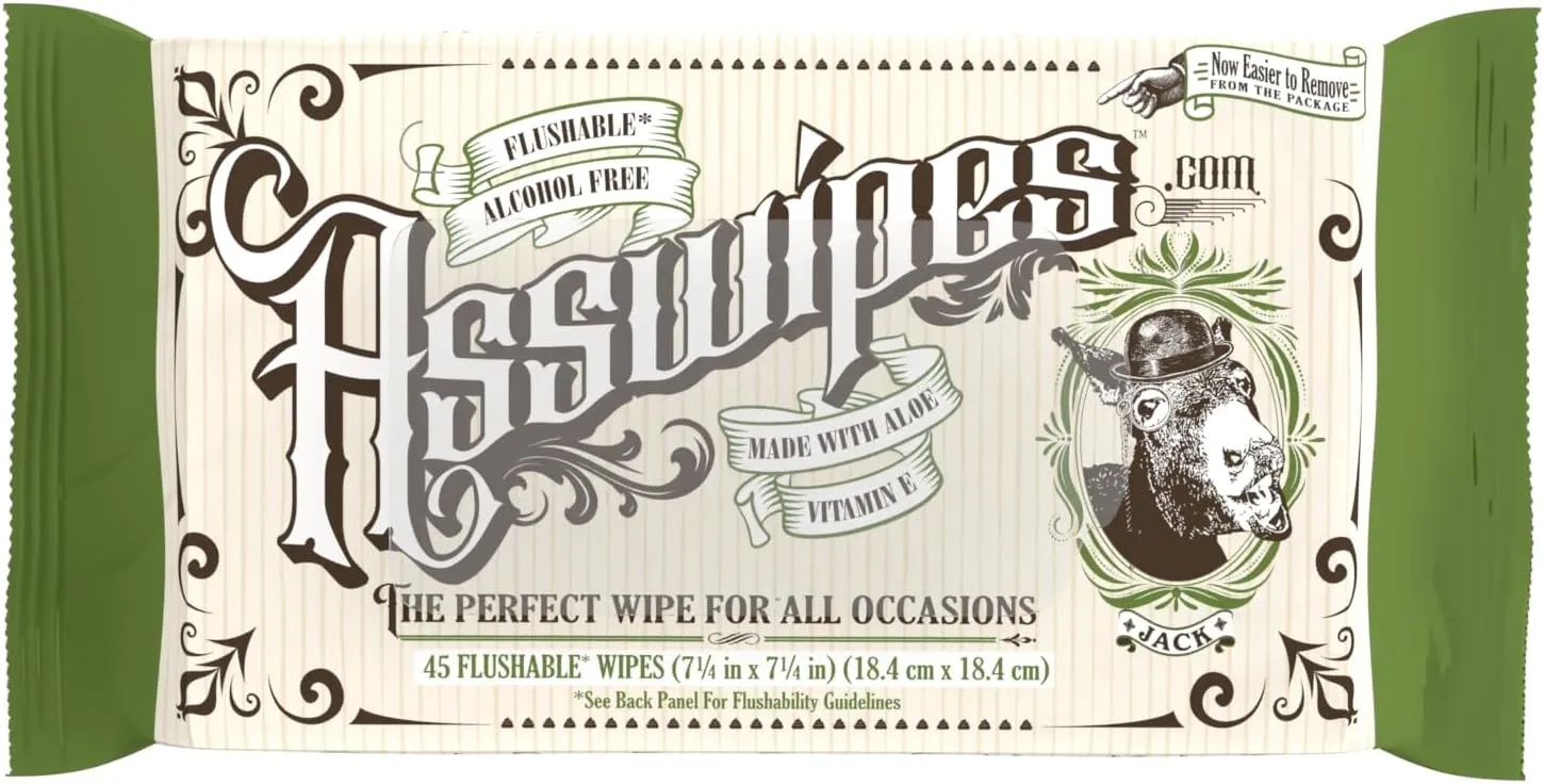 Asswipes Flushable Wipes for Adults (1 Pack, 45 wipes) Personal Cleansing Body, Bathroom & Butt Wipes for Men, Women, with Aloe and Vitamin E - Made without Alcohol or Fragrance - Stocking Stuffer!