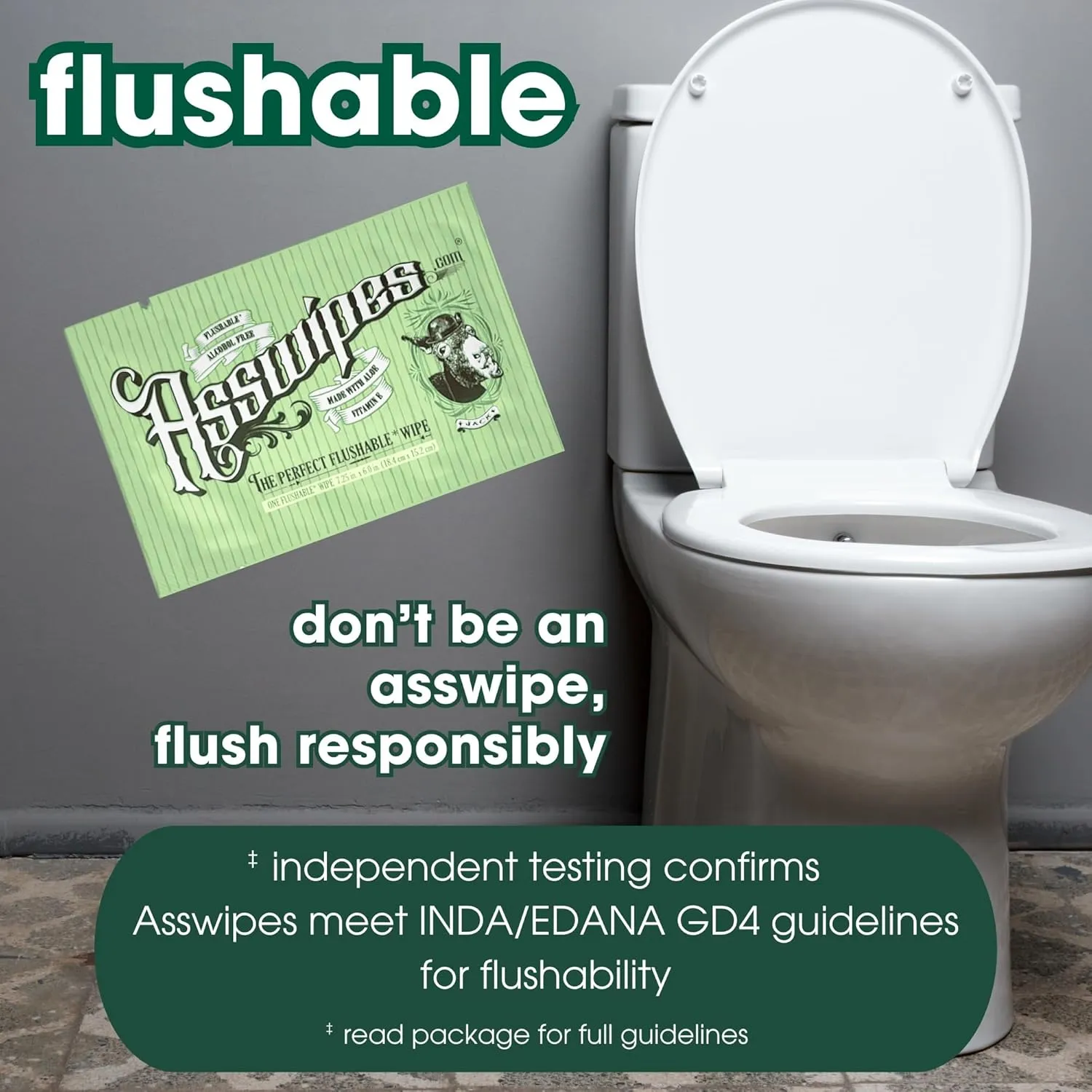 Asswipes Flushable Wipes for Adults - Individually Wrapped Travel Flushable Butt Wipes (30 count) Extra-Large, No Added Fragrance, Alcohol-Free with Aloe and Vitamin E