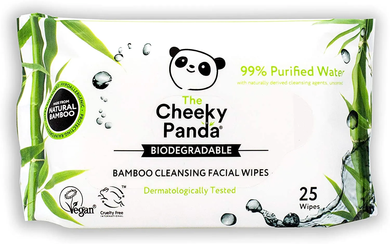 Biodegradable & Sustainable BAMBOO FACIAL WIPES by Cheeky Panda - pack 25 - FRAGRANCE FREE