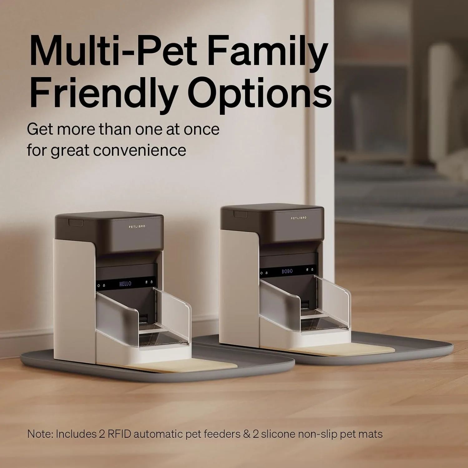 Bundle of PETLIBRO Upgraded RFID Automatic Cat Feeder, 2 Packs 5G Wi-Fi Automatic Pet Feeder, 3L Auto Cat Feeder App Control with Light Collar Tag   2 Packs Safety Silicone Dog Food Mat