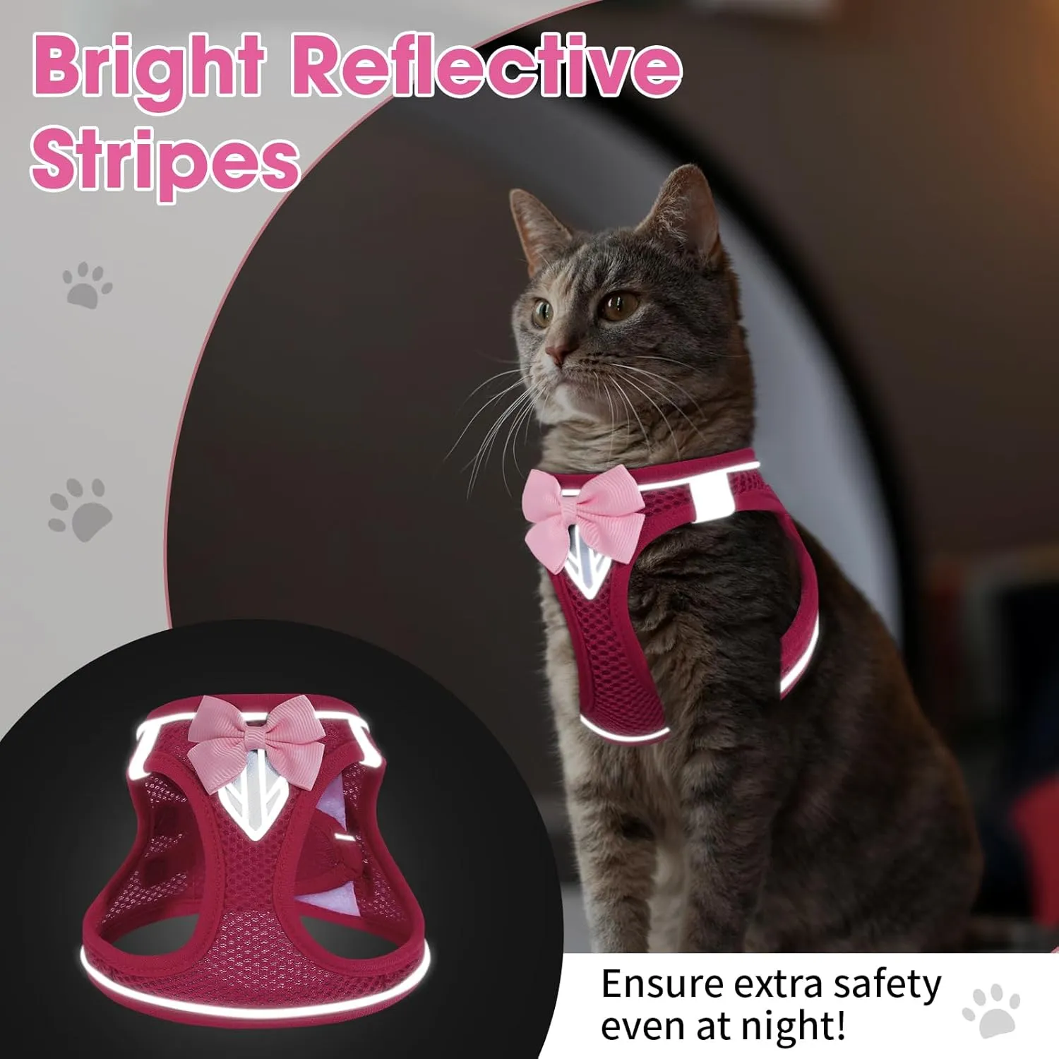 Cat Vest Harness and Leash Set for Walking Escape Proof, Adjustable Kitten Harness Breathable Mesh with Reflective Strips Harness for Kitty Puppy Bunny (Pink,S)