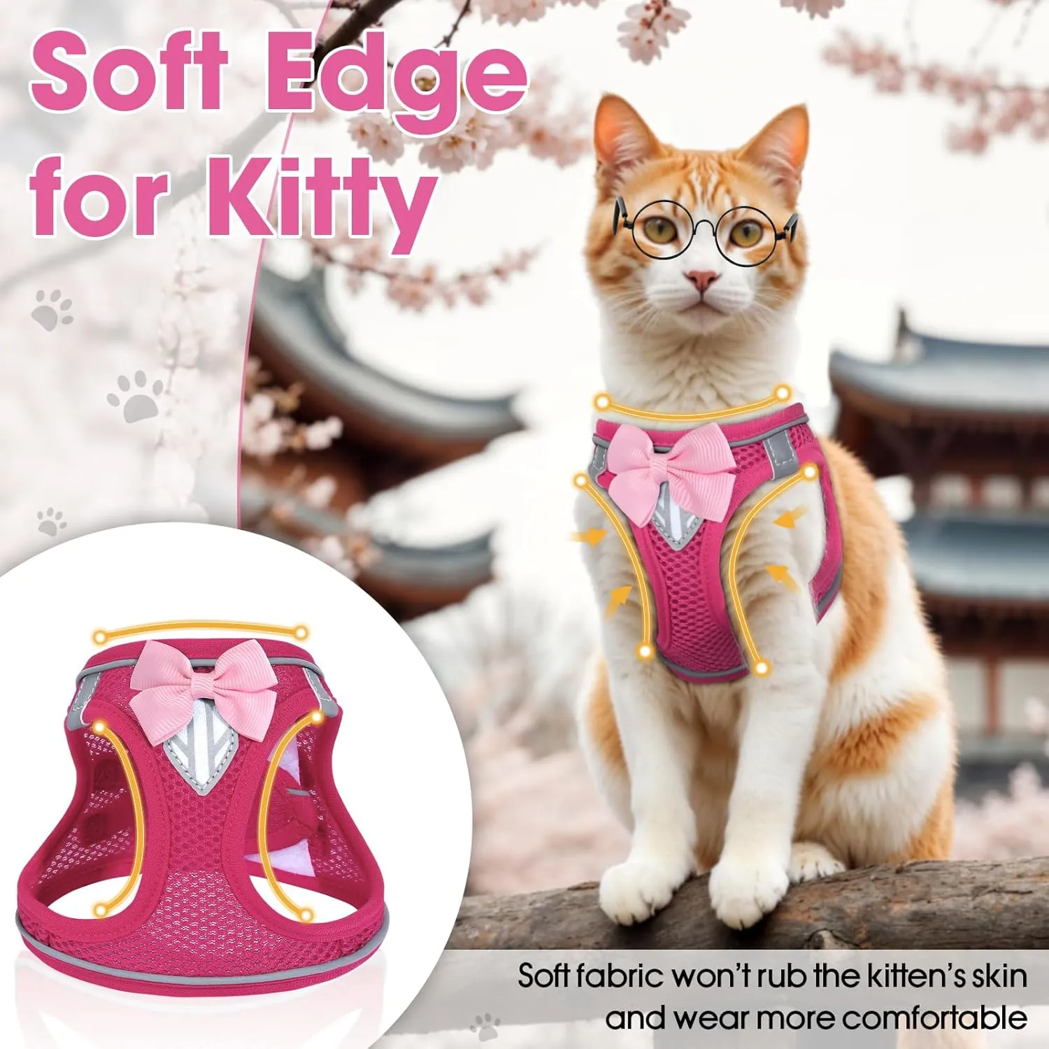 Cat Vest Harness and Leash Set for Walking Escape Proof, Adjustable Kitten Harness Breathable Mesh with Reflective Strips Harness for Kitty Puppy Bunny (Pink,S)