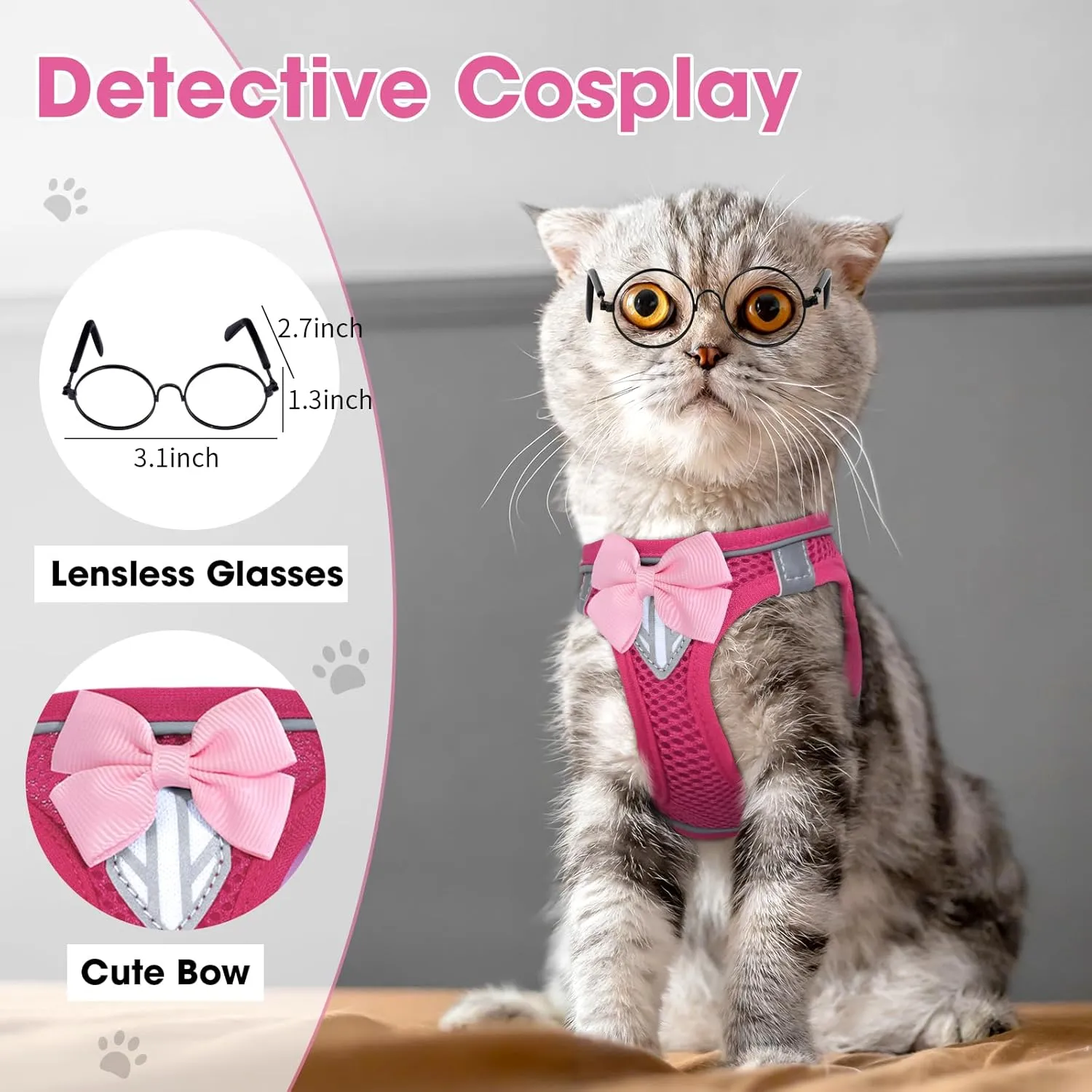 Cat Vest Harness and Leash Set for Walking Escape Proof, Adjustable Kitten Harness Breathable Mesh with Reflective Strips Harness for Kitty Puppy Bunny (Pink,S)