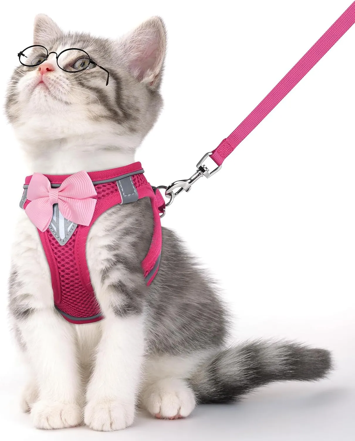 Cat Vest Harness and Leash Set for Walking Escape Proof, Adjustable Kitten Harness Breathable Mesh with Reflective Strips Harness for Kitty Puppy Bunny (Pink,S)