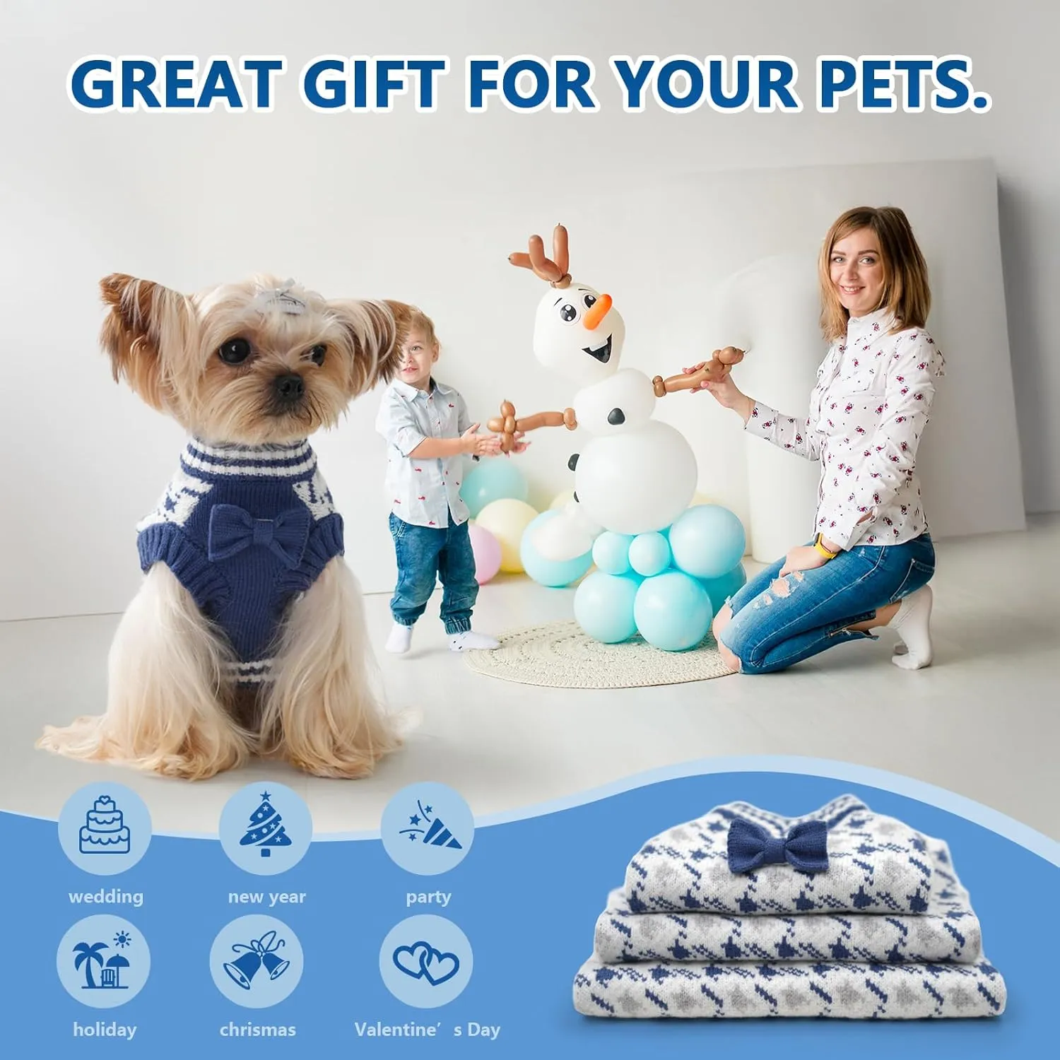 Dog Knitted Sweater Puppy Sweater Warm Soft Pet Holiday Clothes for Small Medium or Large Dogs and Cats Sweaters (Blue, XXL)