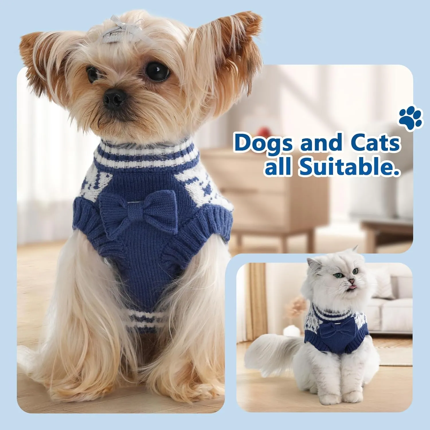 Dog Knitted Sweater Puppy Sweater Warm Soft Pet Holiday Clothes for Small Medium or Large Dogs and Cats Sweaters (Blue, XXL)