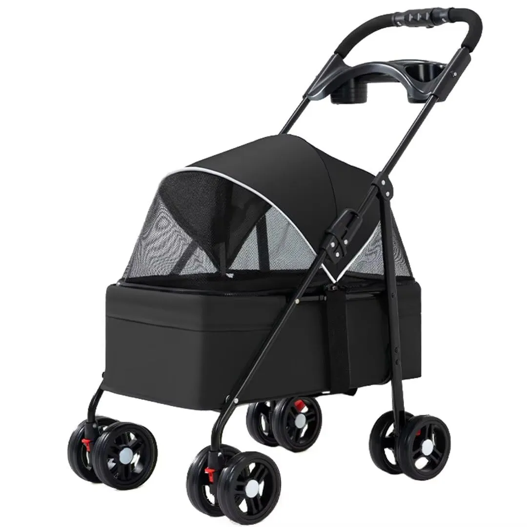 Dog Pram Dog Pushchair,Pet Stroller for Dogs and Cats go Out,Foldable pet Trolley,4 Wheels pet pram cart with Swivel Front Wheel,Rear Wheel with Foot Brakes,Front and Back openable Canopy wi