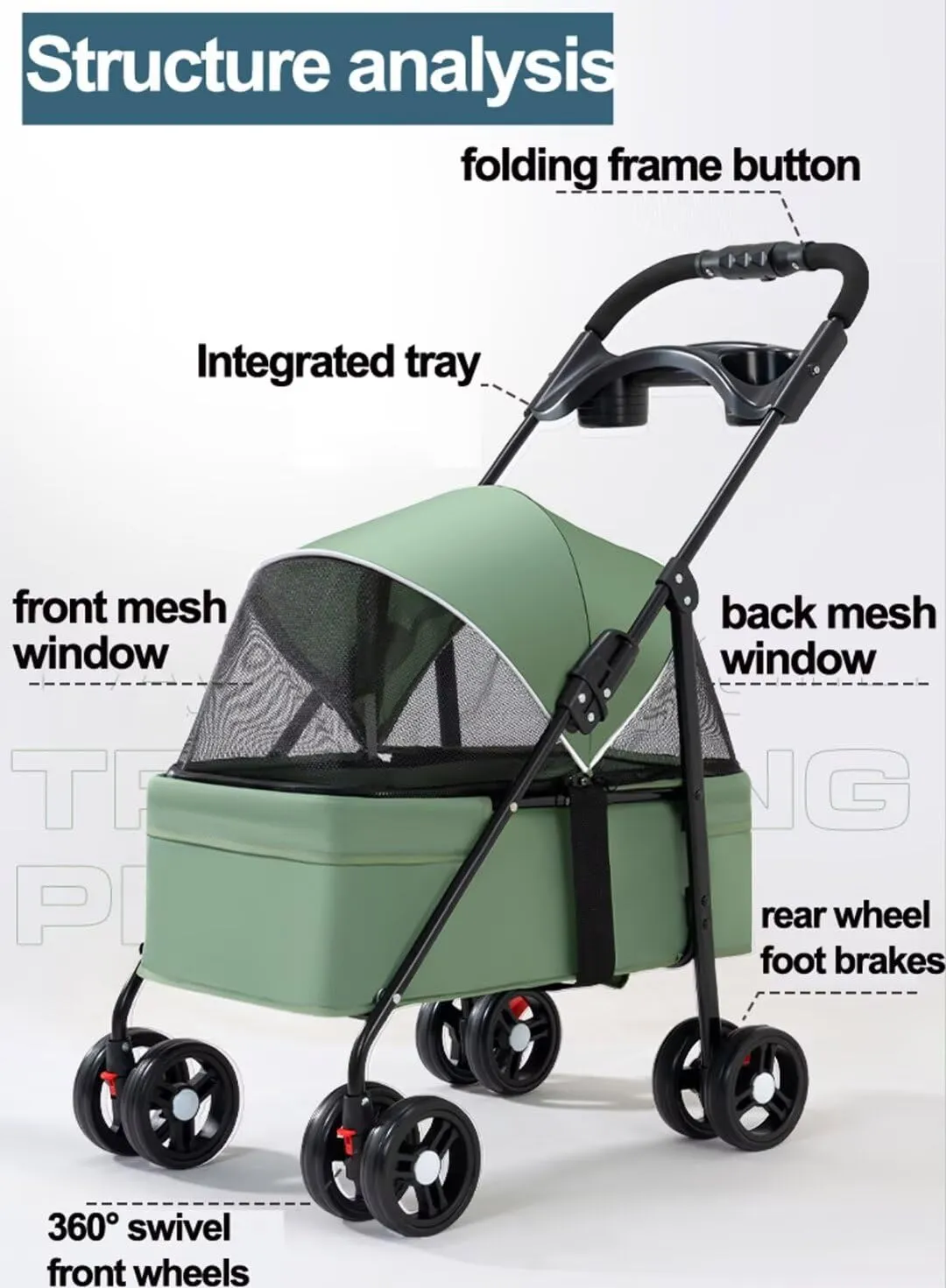 Dog Pram Dog Pushchair,Pet Stroller for Dogs and Cats go Out,Foldable pet Trolley,4 Wheels pet pram cart with Swivel Front Wheel,Rear Wheel with Foot Brakes,Front and Back openable Canopy wi