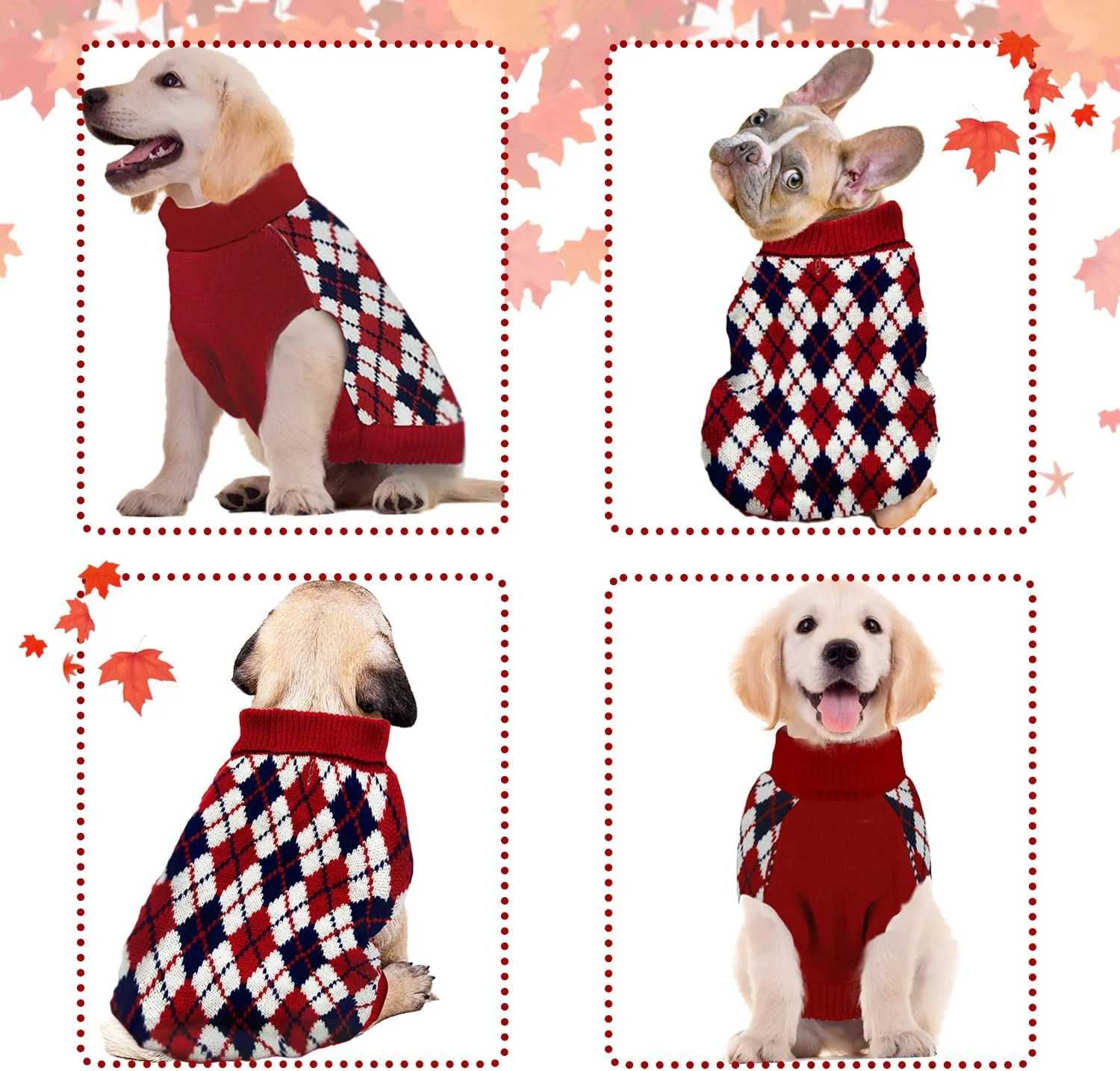 Dog Sweater Knitted Pet Clothes Classic Winter Outfit with Plaid Red Argyle Patterns Warm Dog Turtleneckr Sweatshir for Small Medium Puppies Dogs Cats Large