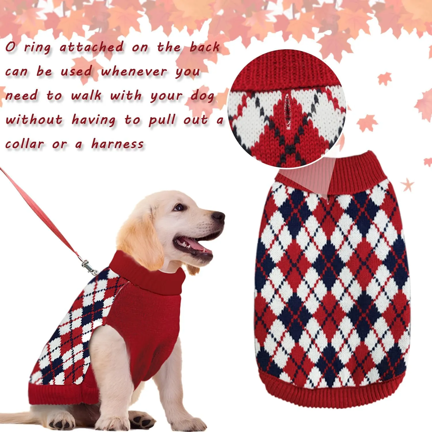Dog Sweater Knitted Pet Clothes Classic Winter Outfit with Plaid Red Argyle Patterns Warm Dog Turtleneckr Sweatshir for Small Medium Puppies Dogs Cats Large