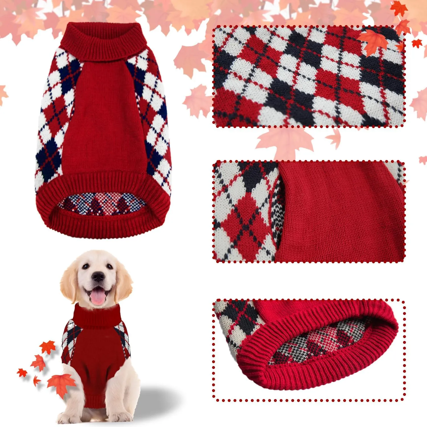 Dog Sweater Knitted Pet Clothes Classic Winter Outfit with Plaid Red Argyle Patterns Warm Dog Turtleneckr Sweatshir for Small Medium Puppies Dogs Cats Large