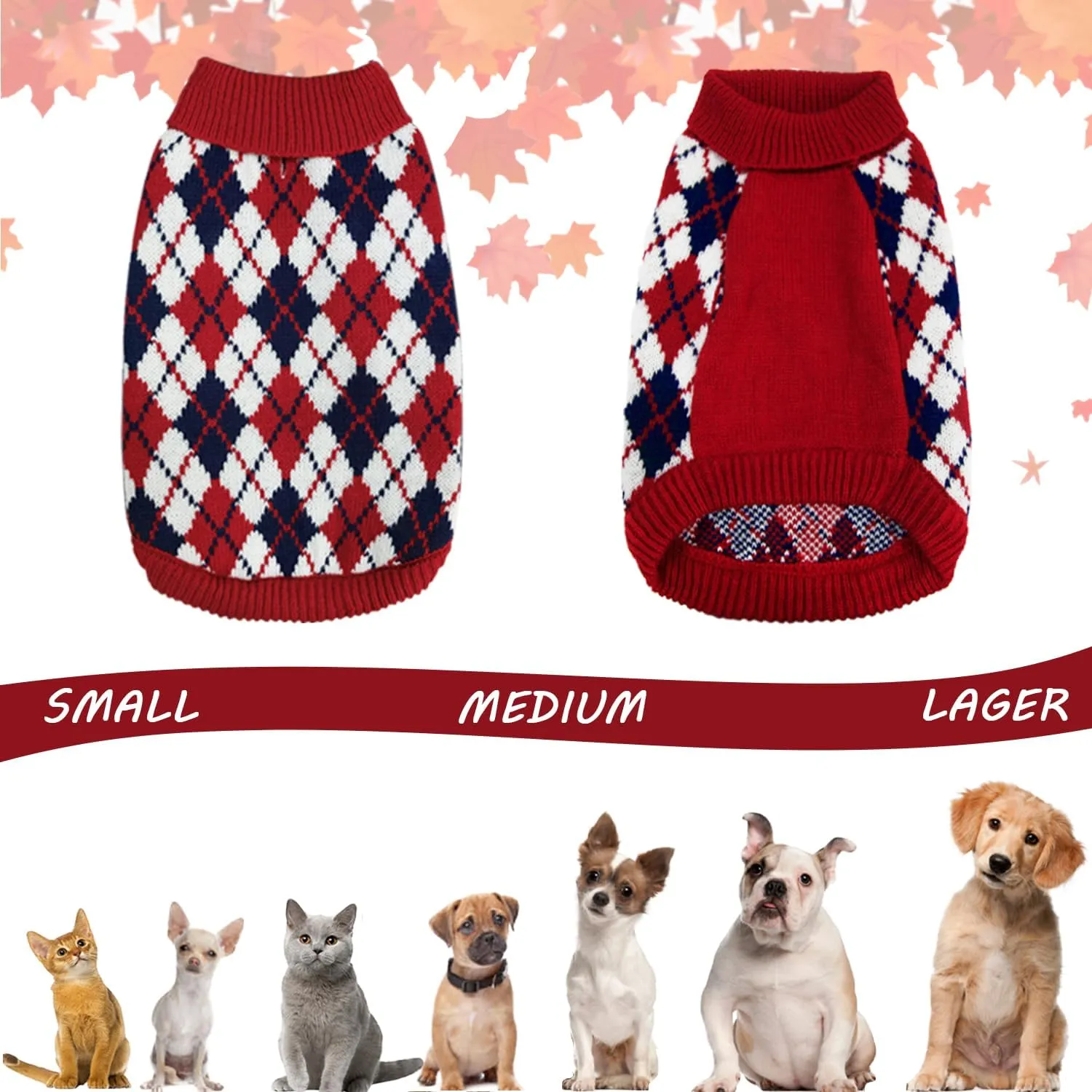 Dog Sweater Knitted Pet Clothes Classic Winter Outfit with Plaid Red Argyle Patterns Warm Dog Turtleneckr Sweatshir for Small Medium Puppies Dogs Cats Large