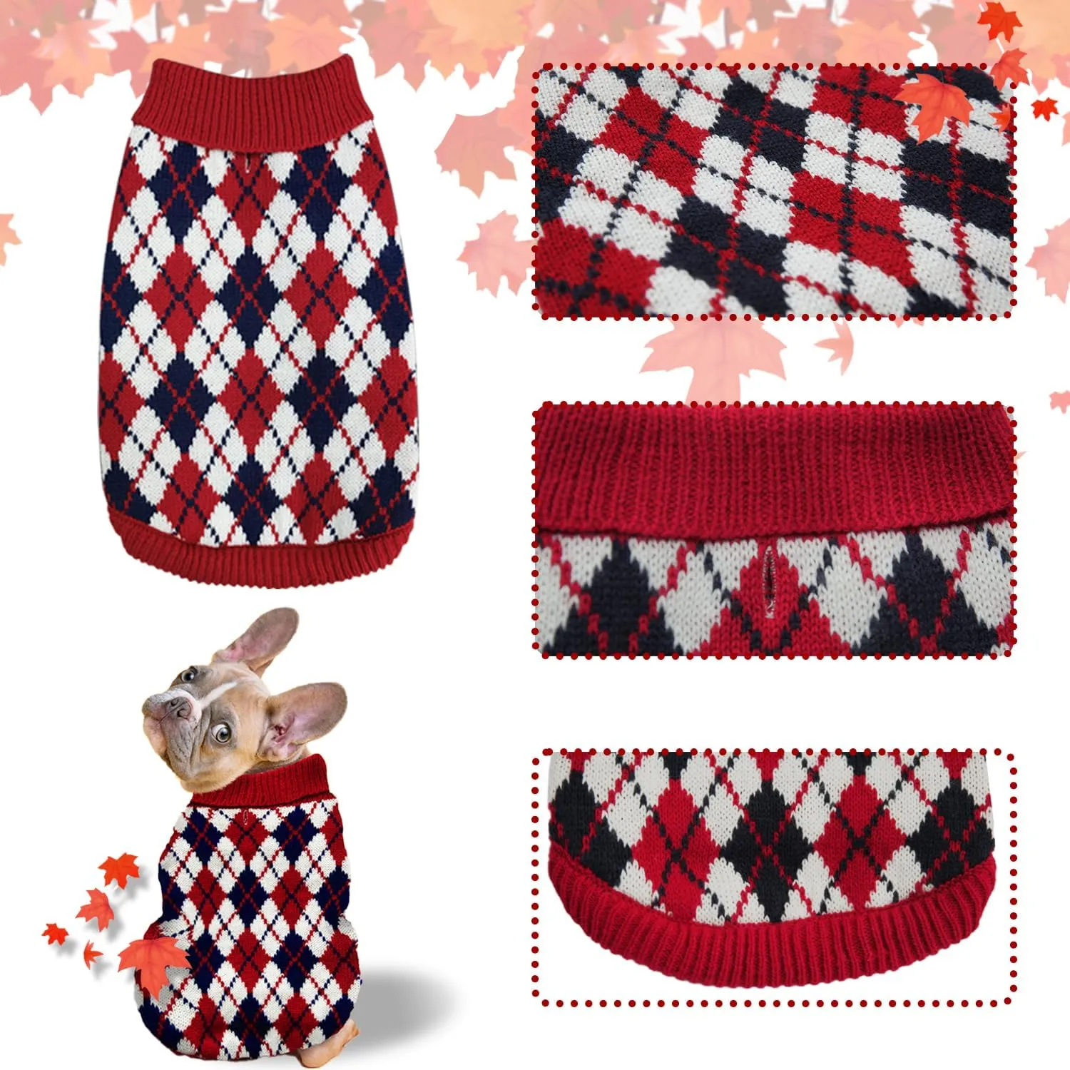 Dog Sweater Knitted Pet Clothes Classic Winter Outfit with Plaid Red Argyle Patterns Warm Dog Turtleneckr Sweatshir for Small Medium Puppies Dogs Cats Large