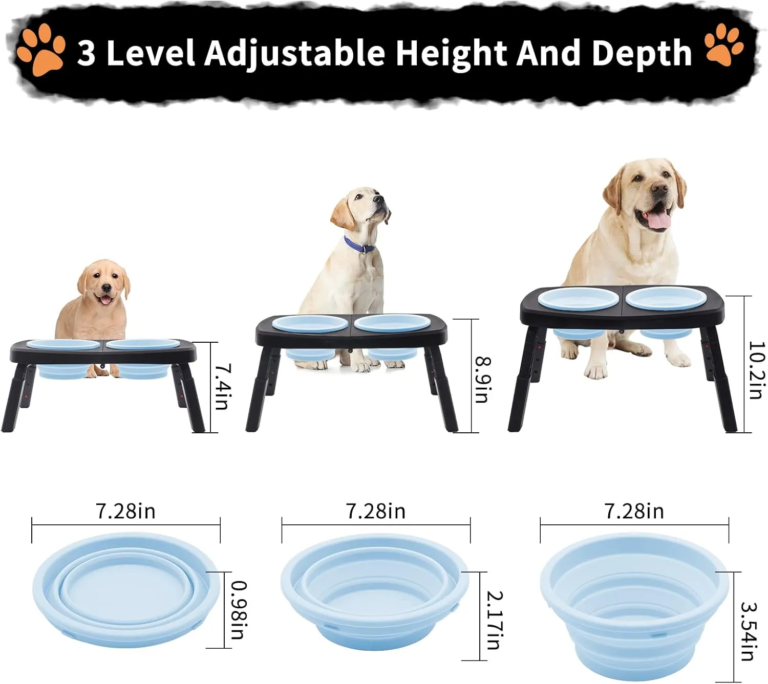 Elevated Dog Bowls for Large Dogs Medium Pet, Collapsible 2 Raised Dog Food Water Bowl with Stand 3 Adjustable Heights 7.4"/8.9"/10.2", Feeding Diner Table Portable Outdoor Travel Black Blue