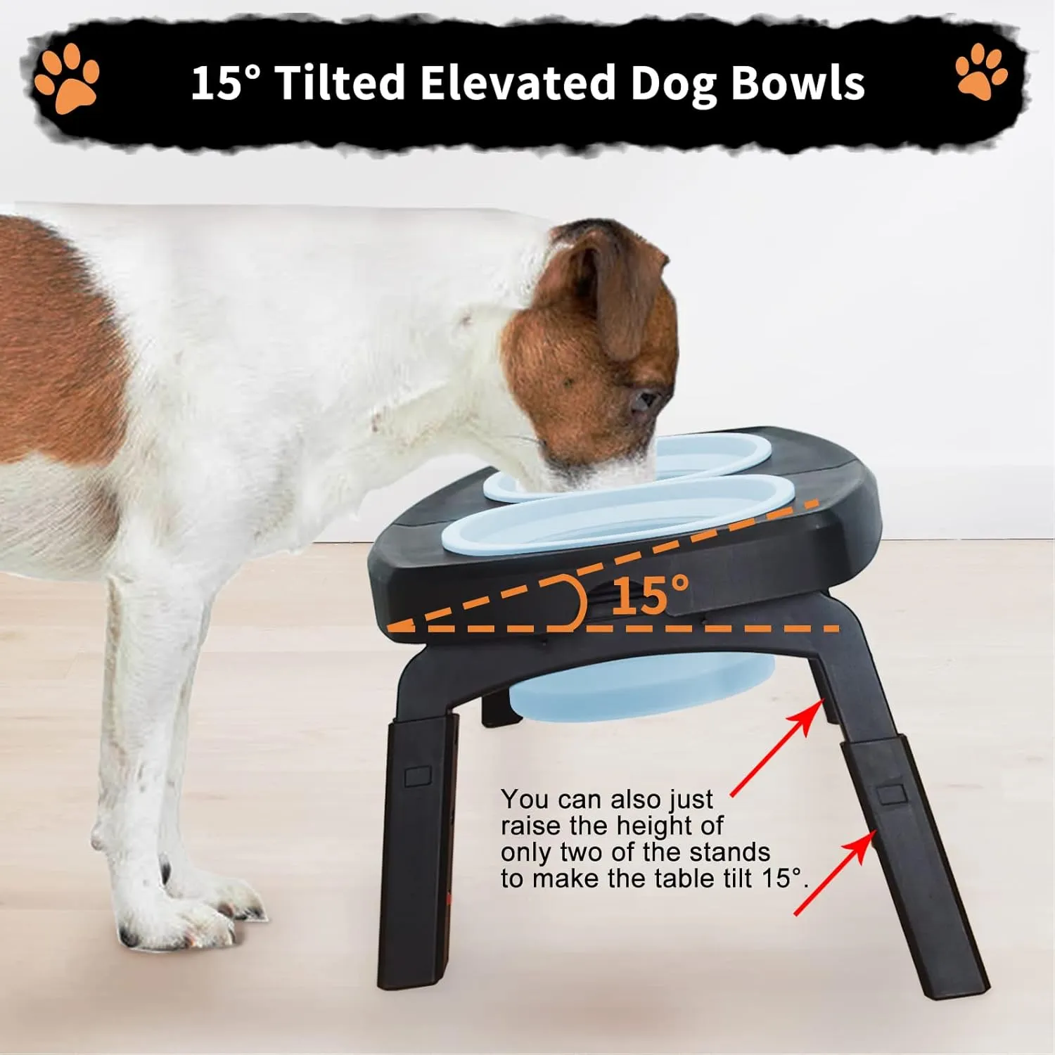 Elevated Dog Bowls for Large Dogs Medium Pet, Collapsible 2 Raised Dog Food Water Bowl with Stand 3 Adjustable Heights 7.4"/8.9"/10.2", Feeding Diner Table Portable Outdoor Travel Black Blue