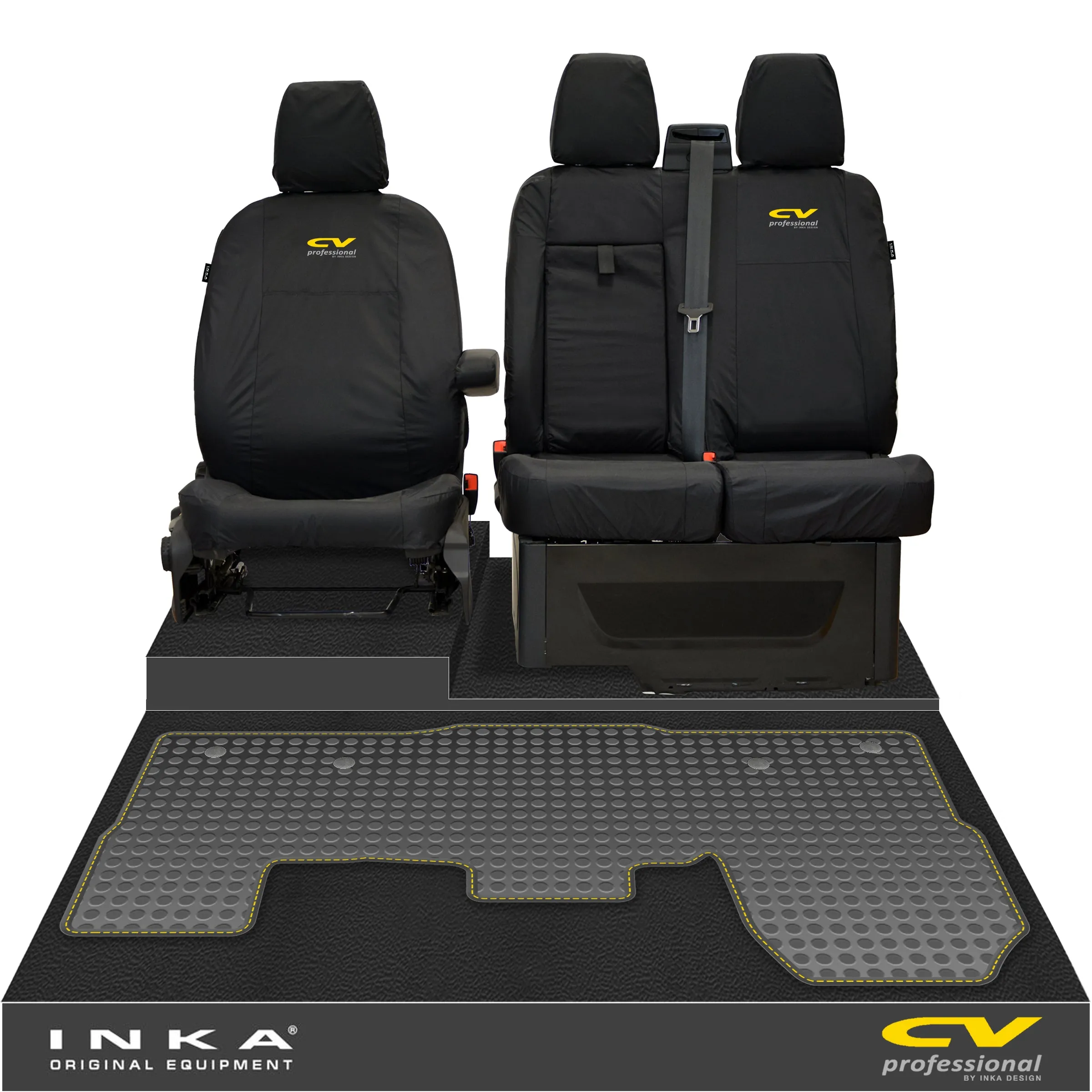 Ford Transit MK8/MK9 INKA Front 1 2 Tailored Waterproof Seat Covers & Tailored Rubber Mat Black MY-2014 Onwards (Choice of 7 Colours)