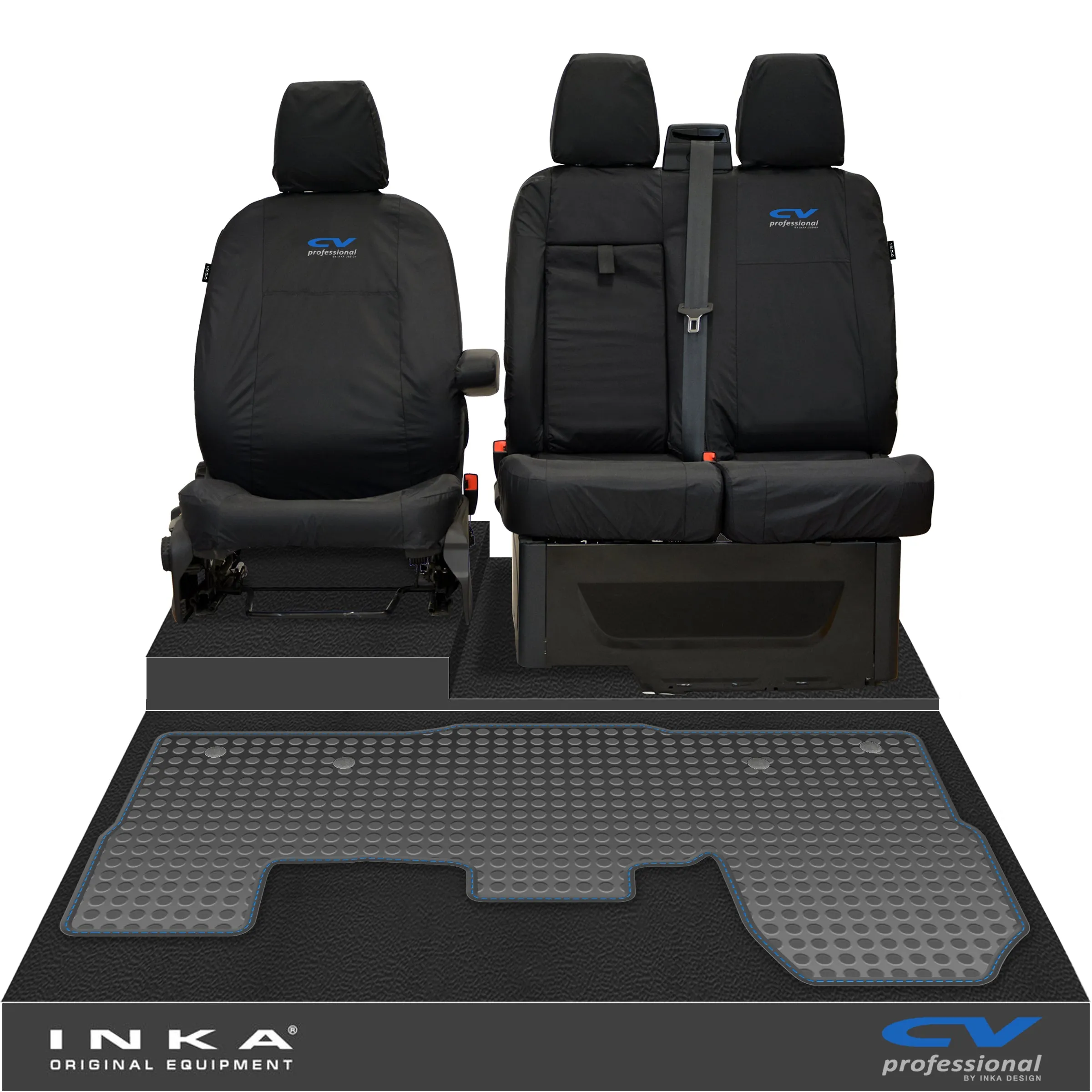 Ford Transit MK8/MK9 INKA Front 1 2 Tailored Waterproof Seat Covers & Tailored Rubber Mat Black MY-2014 Onwards (Choice of 7 Colours)