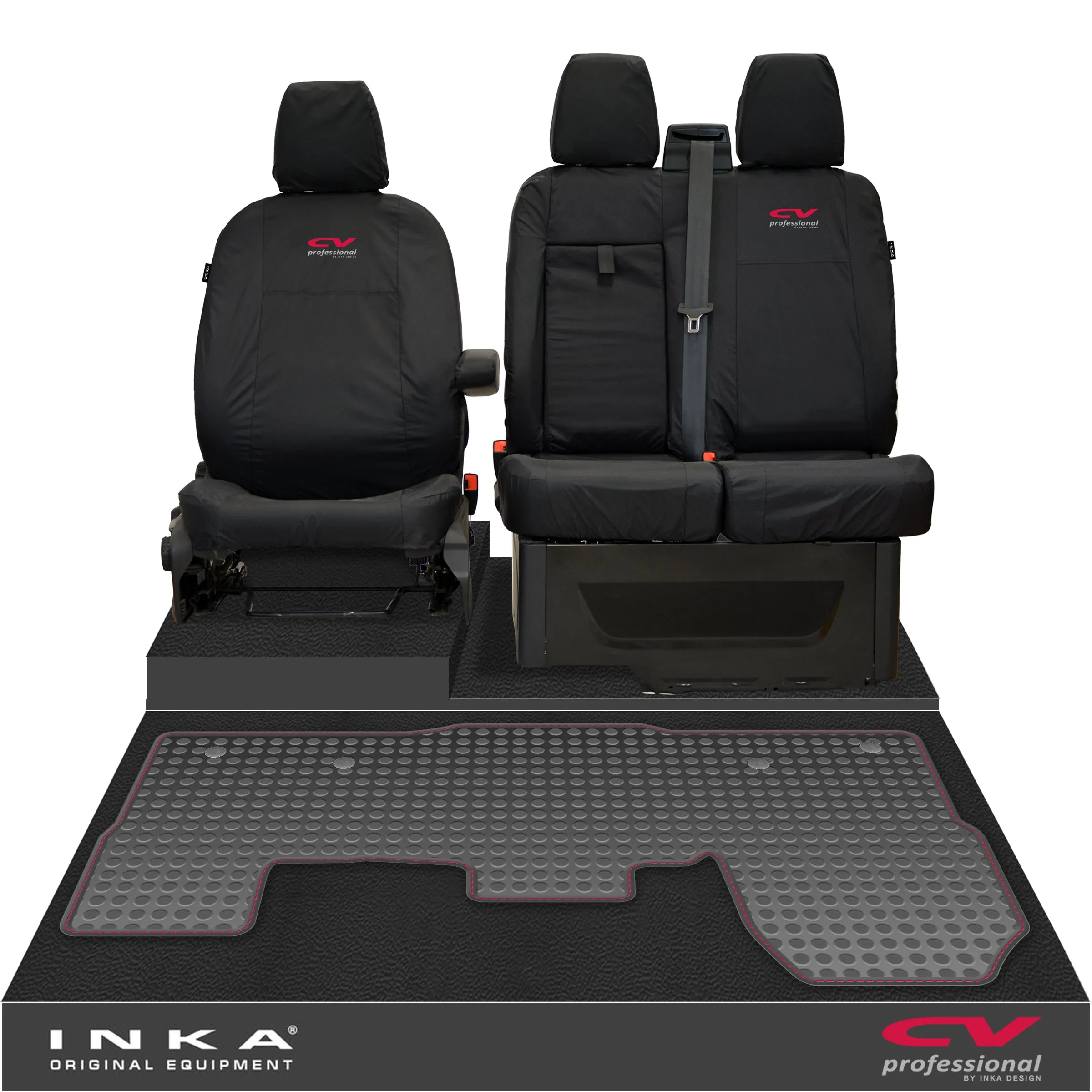 Ford Transit MK8/MK9 INKA Front 1 2 Tailored Waterproof Seat Covers & Tailored Rubber Mat Black MY-2014 Onwards (Choice of 7 Colours)