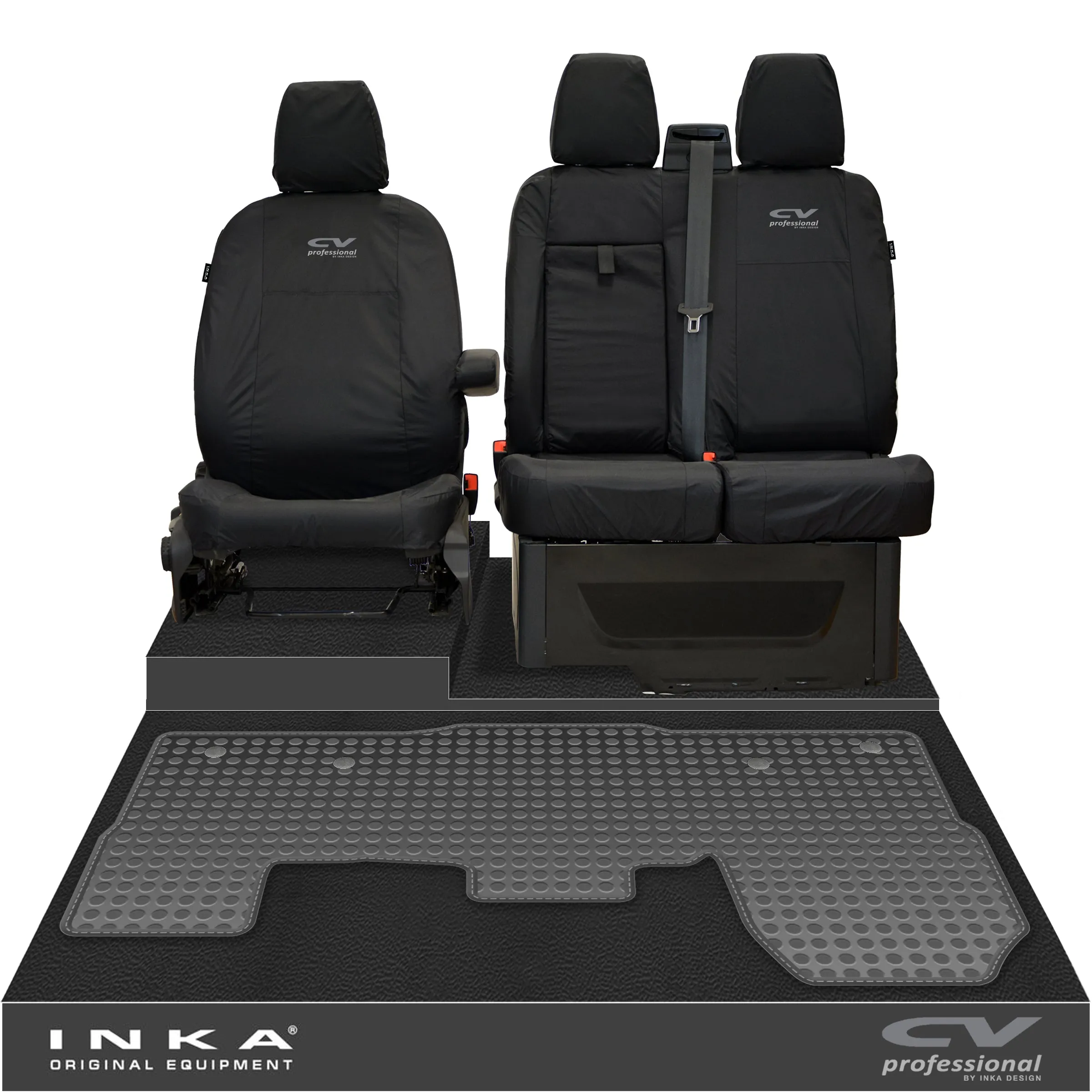 Ford Transit MK8/MK9 INKA Front 1 2 Tailored Waterproof Seat Covers & Tailored Rubber Mat Black MY-2014 Onwards (Choice of 7 Colours)