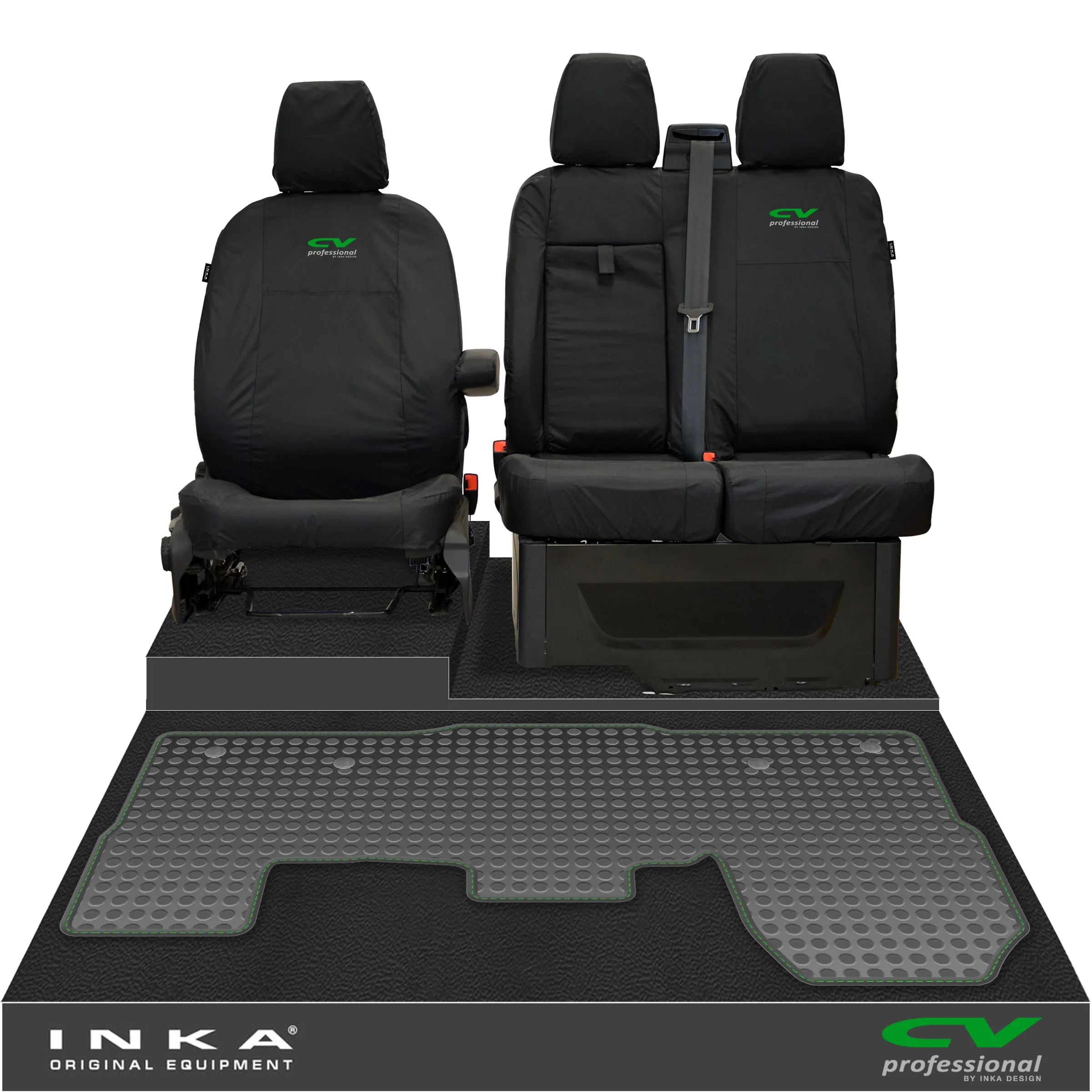 Ford Transit MK8/MK9 INKA Front 1 2 Tailored Waterproof Seat Covers & Tailored Rubber Mat Black MY-2014 Onwards (Choice of 7 Colours)