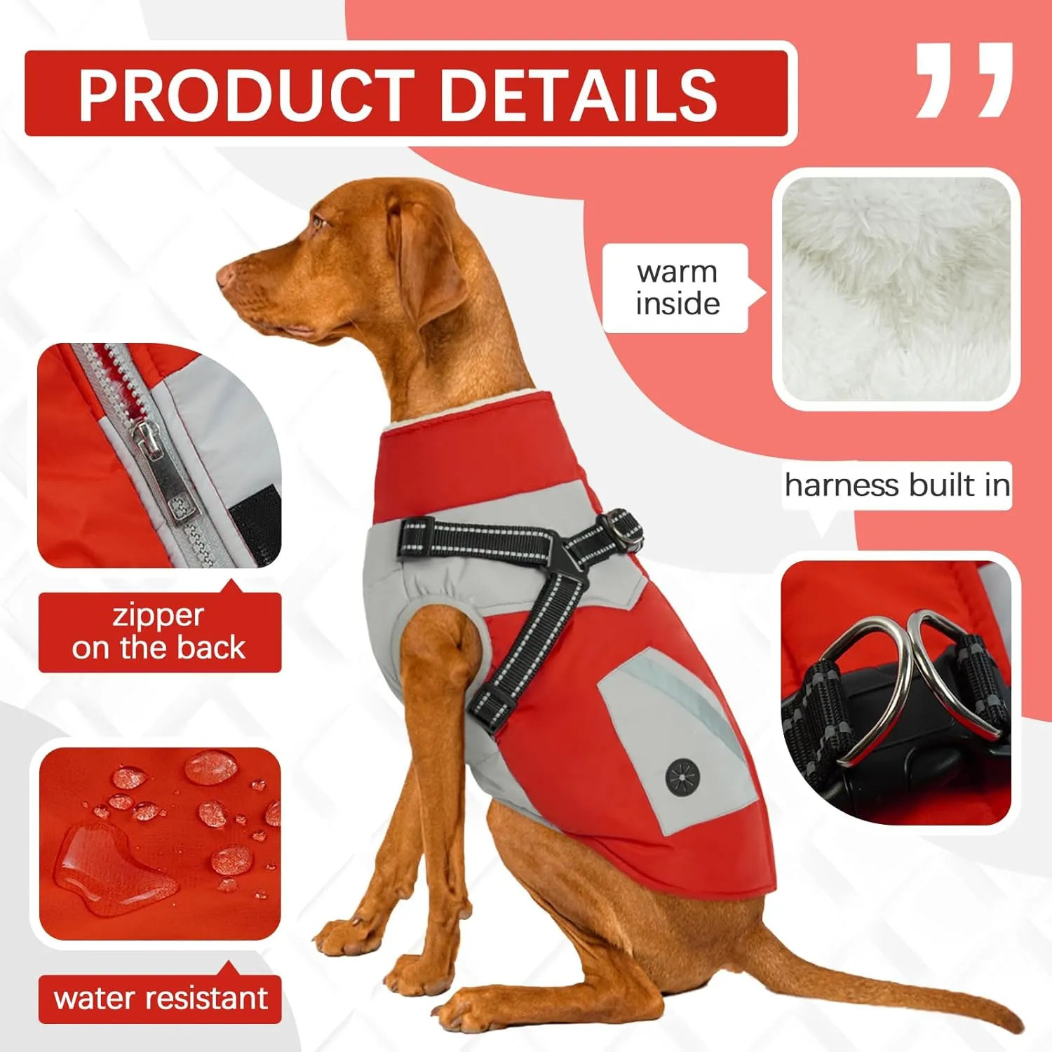 FUAMEY Dog Jacket - Waterproof & Reflective, Built-in Harness, Winter Coat with Zipper, Small Dog Size, Red