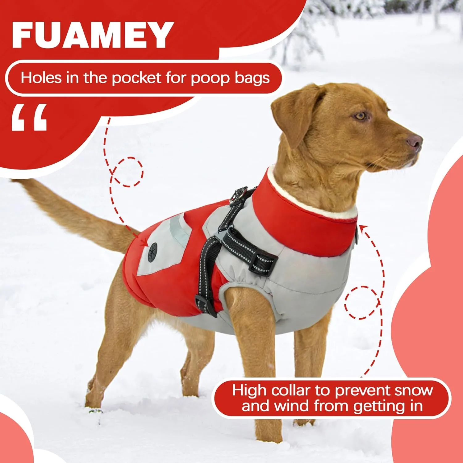 FUAMEY Dog Jacket - Waterproof & Reflective, Built-in Harness, Winter Coat with Zipper, Small Dog Size, Red