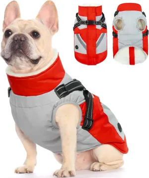 FUAMEY Dog Jacket - Waterproof & Reflective, Built-in Harness, Winter Coat with Zipper, Small Dog Size, Red