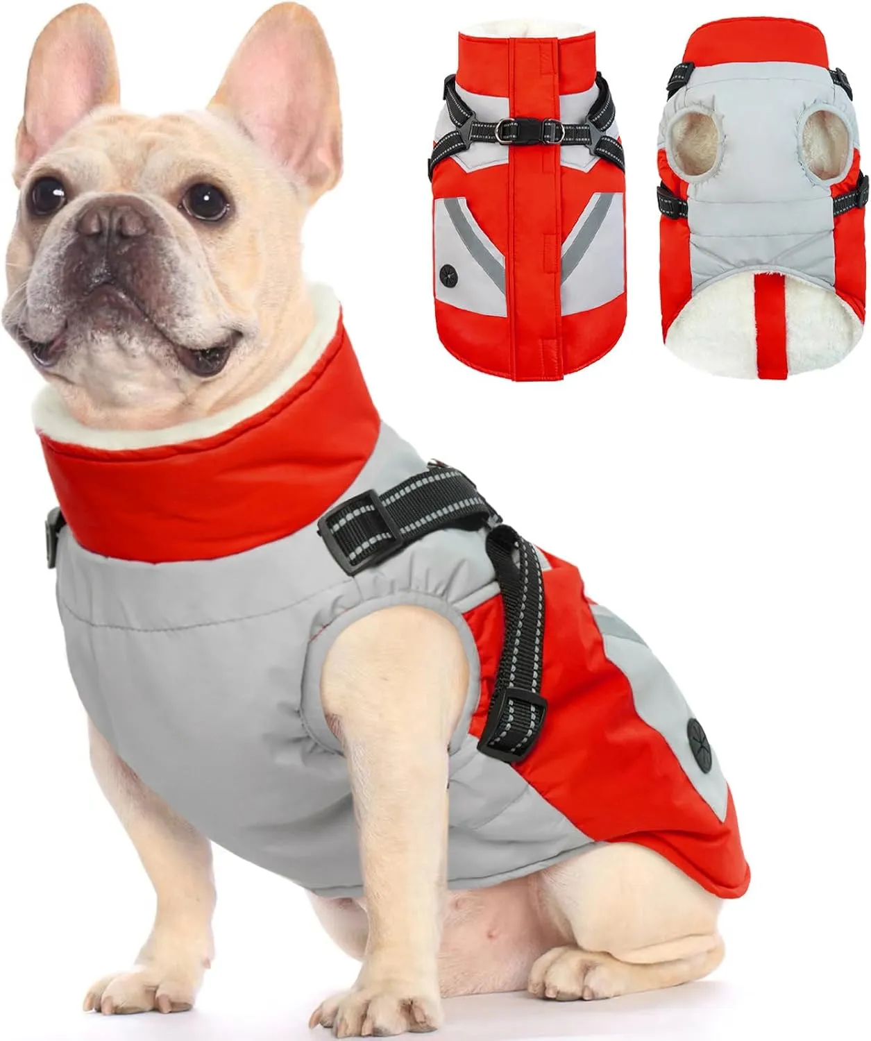 FUAMEY Dog Jacket - Waterproof & Reflective, Built-in Harness, Winter Coat with Zipper, Small Dog Size, Red
