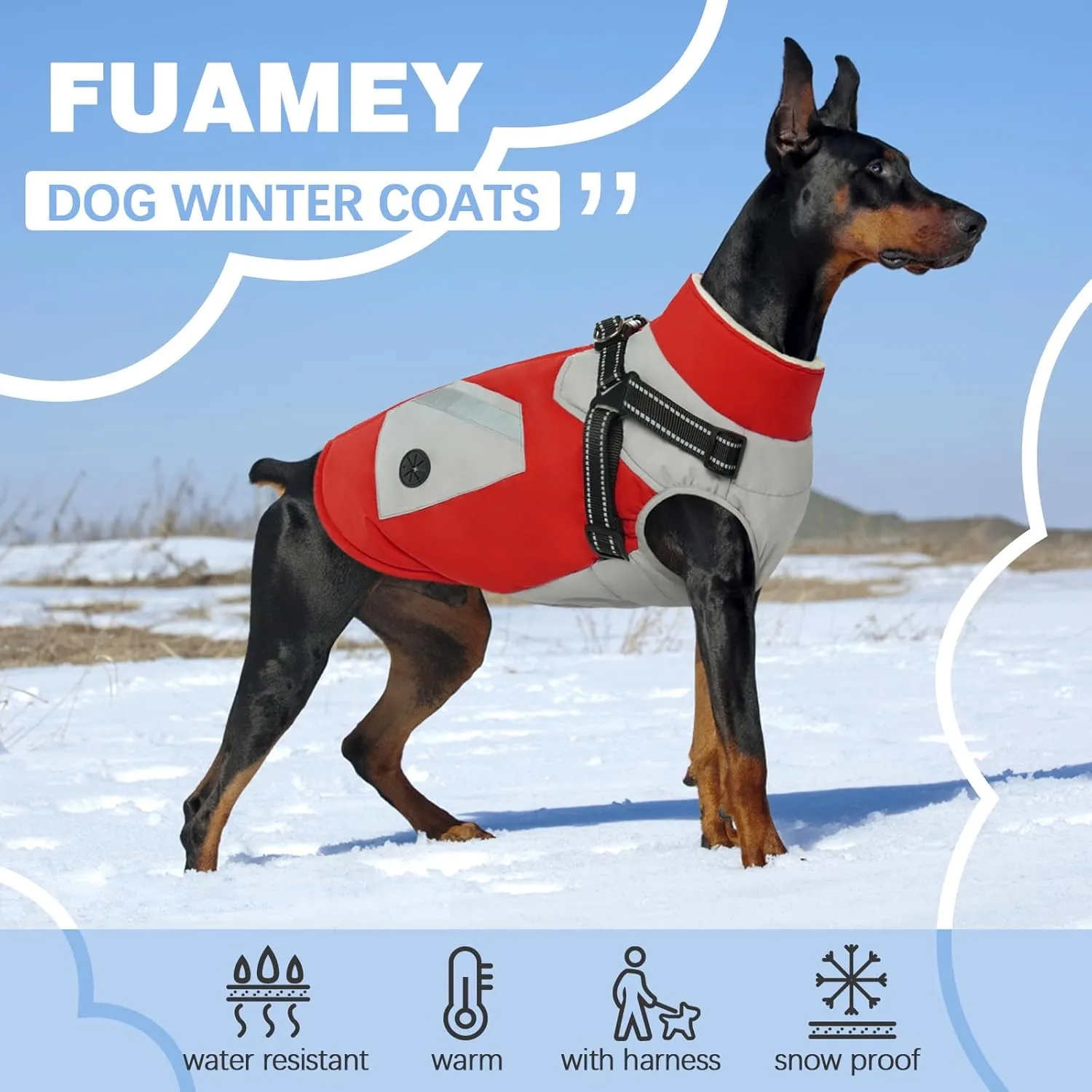 FUAMEY Dog Jacket - Waterproof & Reflective, Built-in Harness, Winter Coat with Zipper, Small Dog Size, Red
