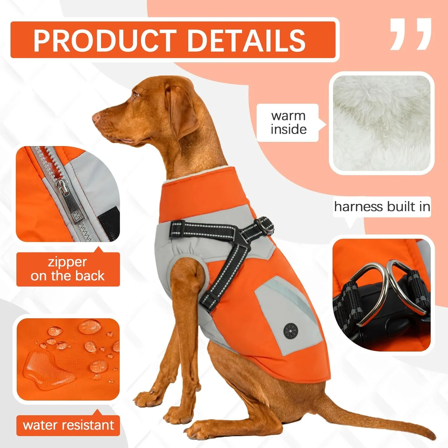 FUAMEY Dog Jacket - Waterproof Winter Coat with Zipper - Reflective Vest for Extra Small Dogs - Orange XS