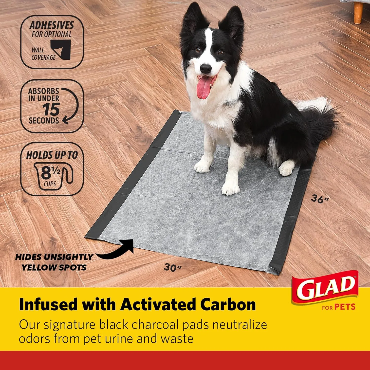 Glad for Pets Giant Size Activated Carbon Puppy Training Pads, All Day Style with Wall Protection and Adhesive | Super Absorbent and Leak Proof Dog Training Pads, 24 Count - 3 Pack