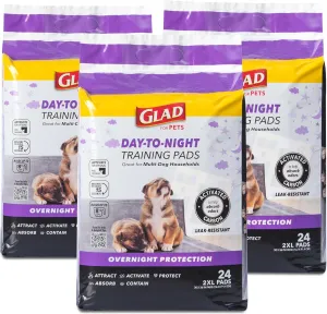 Glad for Pets Giant Size Activated Carbon Puppy Training Pads, All Day Style with Wall Protection and Adhesive | Super Absorbent and Leak Proof Dog Training Pads, 24 Count - 3 Pack
