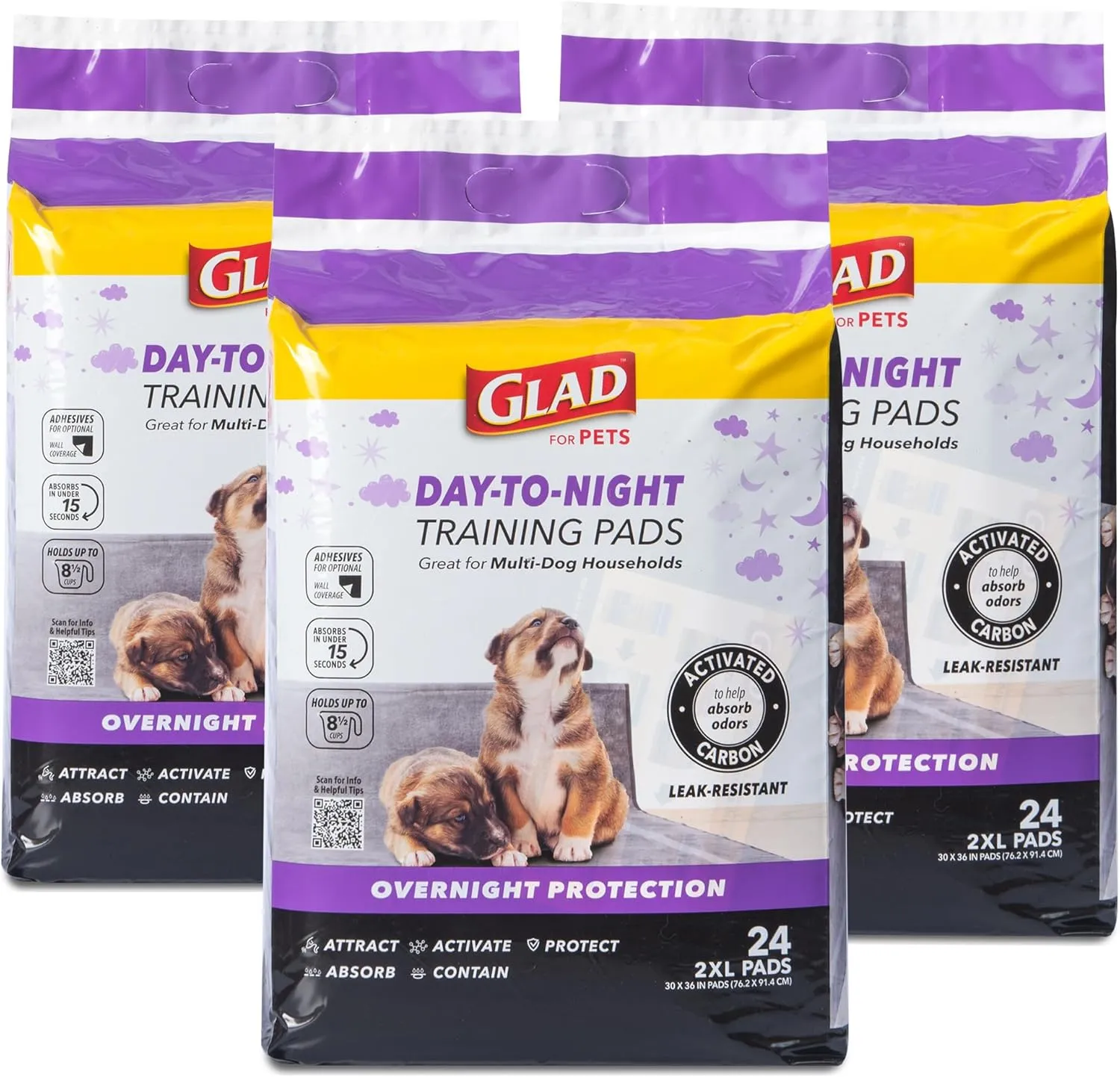 Glad for Pets Giant Size Activated Carbon Puppy Training Pads, All Day Style with Wall Protection and Adhesive | Super Absorbent and Leak Proof Dog Training Pads, 24 Count - 3 Pack