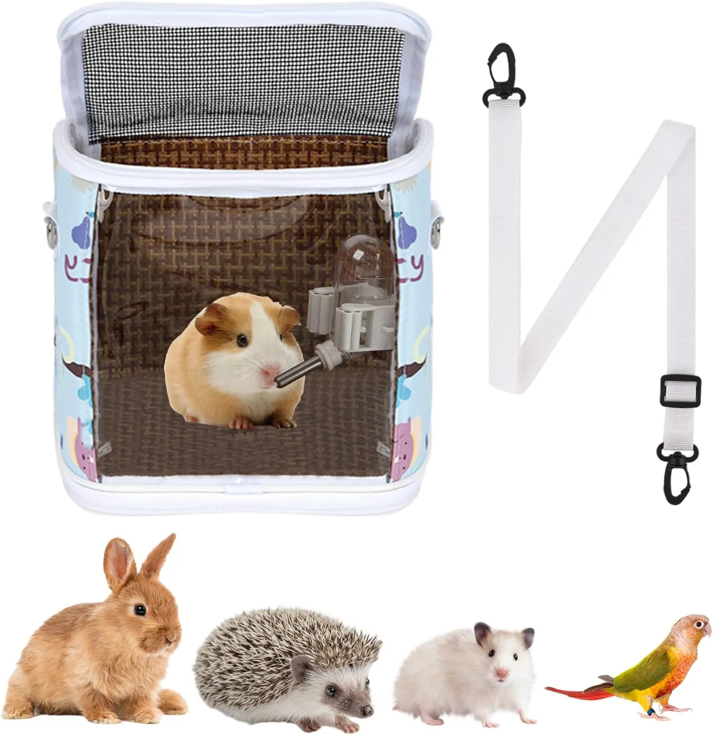 Guinea Pig Carrier Bag with Water BottleTravel Portable Small Animal Carrier Sling Pouch, Clear Window Carrier Backpack for Hamster Bunny Gerbil Hedgehog Sugar Glider Lizard Bird.(Blue)