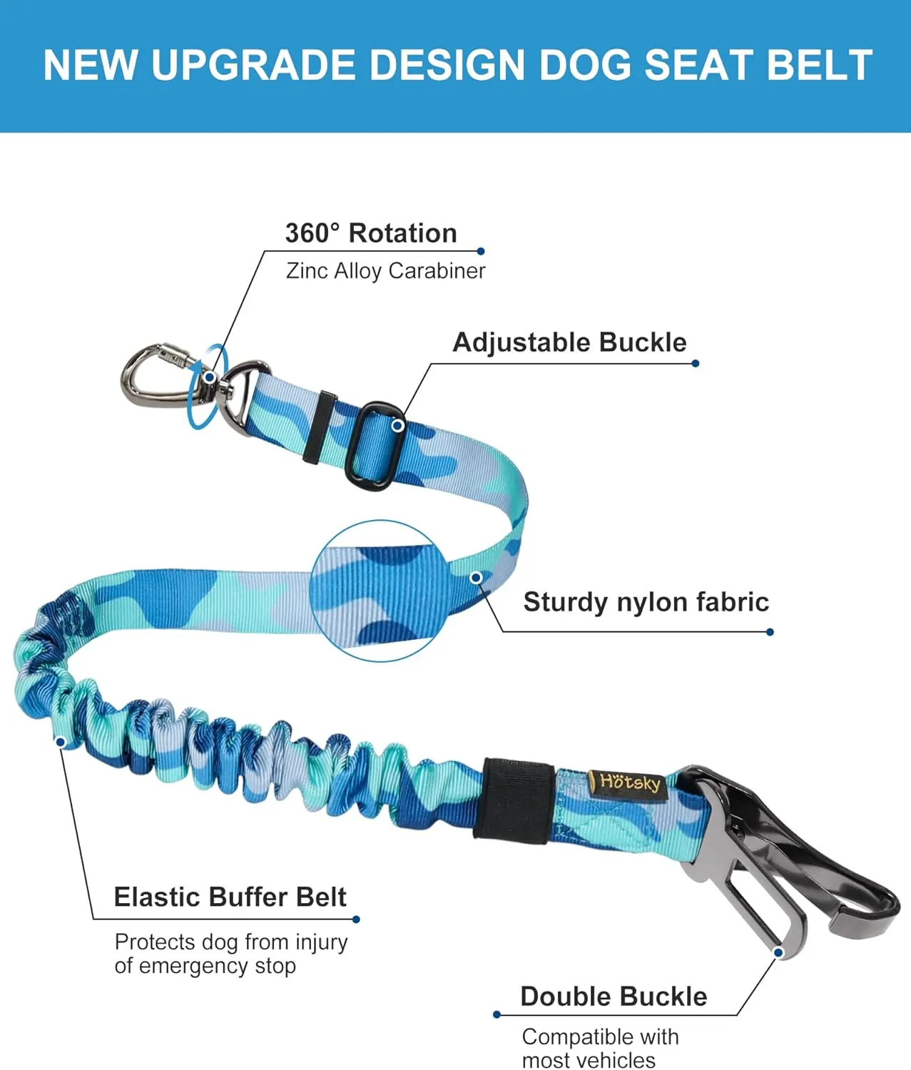 Hotsky Dog Seat Belt, Adjustable Safety Seatbelt 3-in-1 Car Harness for Dogs in Car Nylon Elastic Bungee Buffer Tether with Clip Hook Latch Buckle Swivel Zinc Alloy Carabiner(Blue Camo)